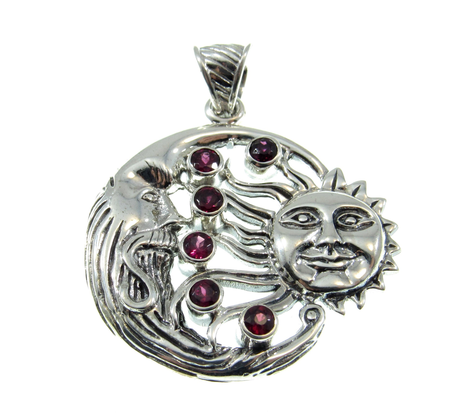 Solid 925 Sterling Silver & Garnet Gemstones Sun and Crescent Moon Faces Pendant, Handcrafted Cosmic Celestial Amulet