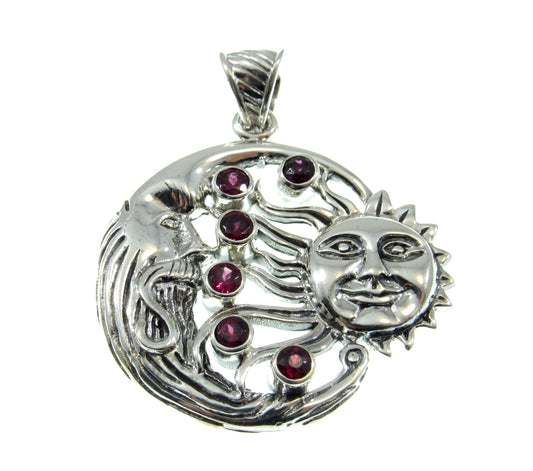 Solid 925 Sterling Silver & Garnet Gemstones Sun and Crescent Moon Faces Pendant, Handcrafted Cosmic Celestial Amulet