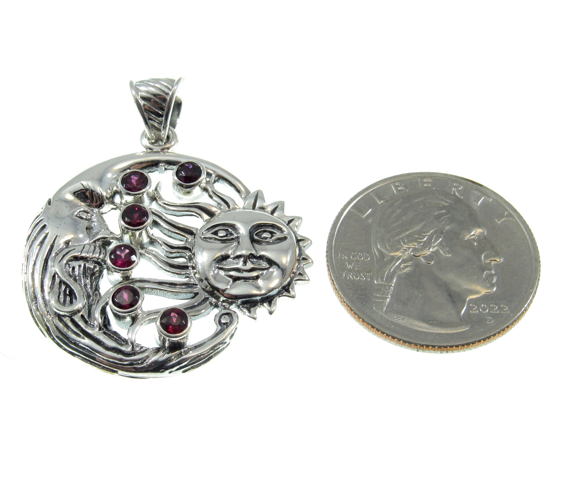 Solid 925 Sterling Silver & Garnet Gemstones Sun and Crescent Moon Faces Pendant, Handcrafted Cosmic Celestial Amulet