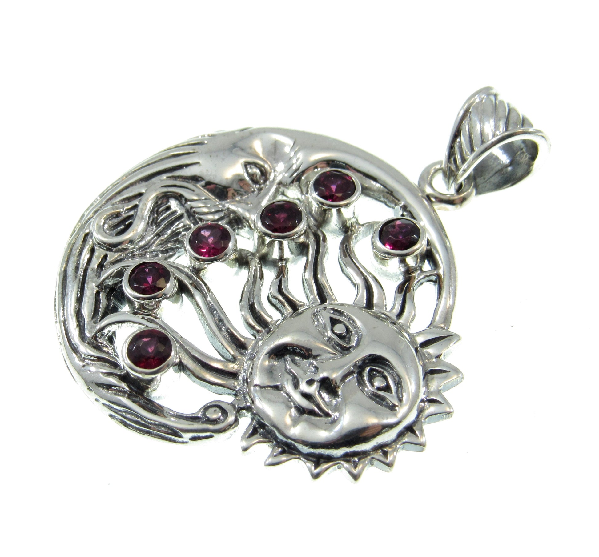 Solid 925 Sterling Silver & Garnet Gemstones Sun and Crescent Moon Faces Pendant, Handcrafted Cosmic Celestial Amulet