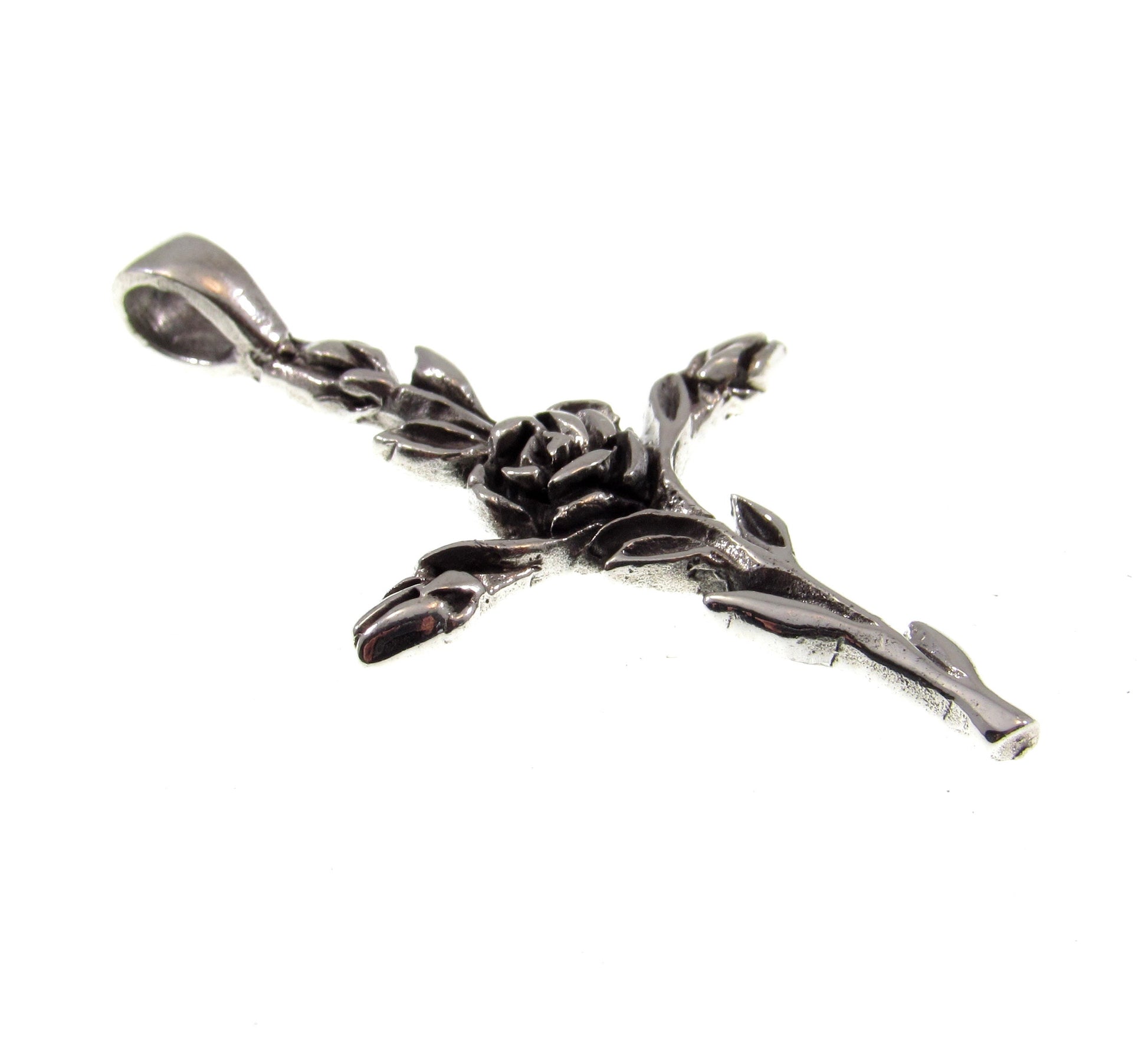 Solid 925 Sterling Silver Rose Cross Slide Pendant - Floral Crucifix Necklace Charm, Christian Faith Jewelry, Religious Gift for Women