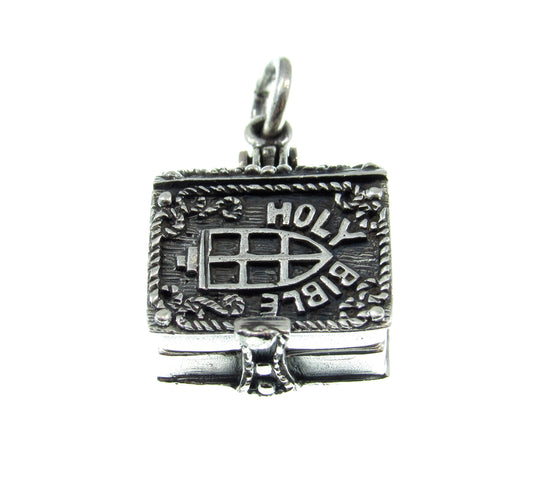 Handcrafted Solid 925 Sterling Silver 3D 3 Dimensional Hinged Holy Bible & Angel Praying Over Baby Jesus Locket Pendant, Opens