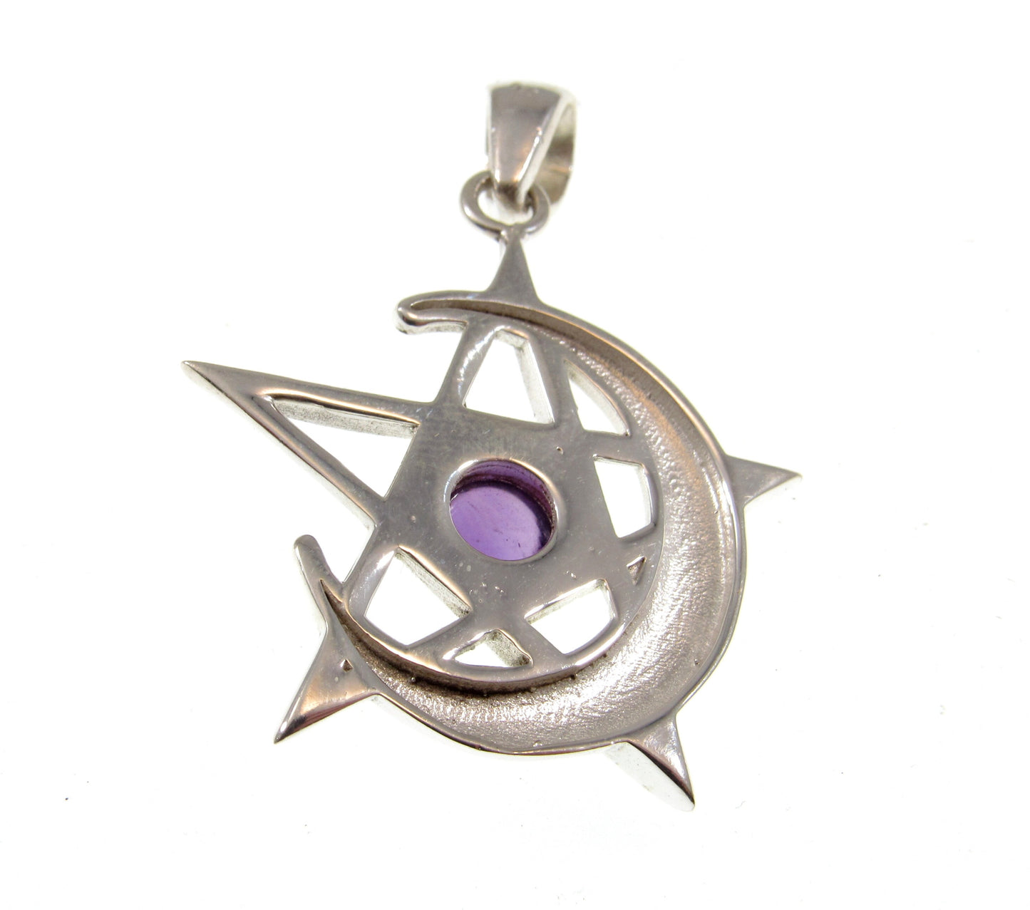 Solid 925 Sterling Silver Pagan Crescent Moon Pentagram Pendant With Gemstone; Purple Amethyst, Rainbow Moonstone, or Black Onyx