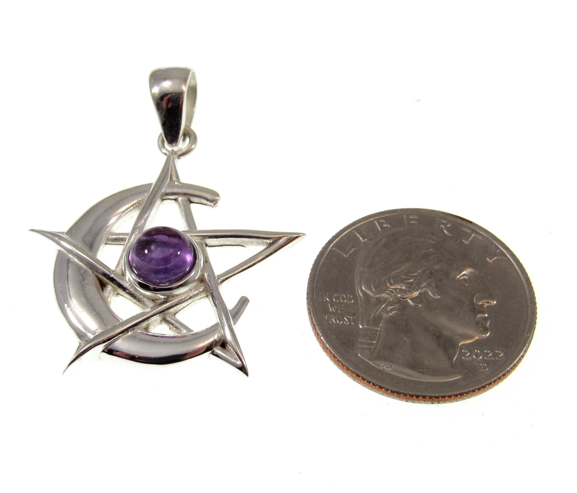 Solid 925 Sterling Silver Pagan Crescent Moon Pentagram Pendant With Gemstone; Purple Amethyst, Rainbow Moonstone, or Black Onyx
