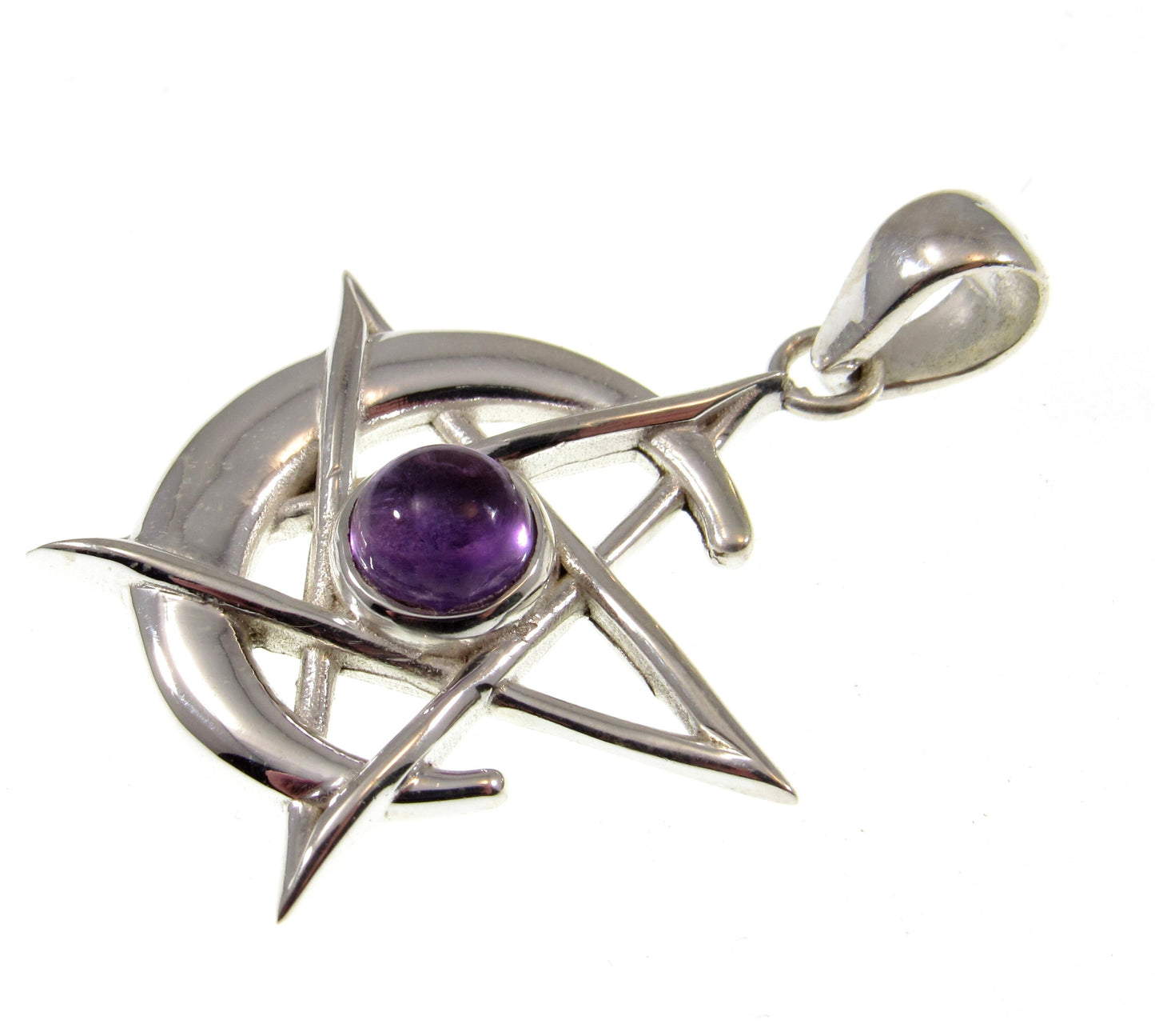 Solid 925 Sterling Silver Pagan Crescent Moon Pentagram Pendant With Gemstone; Purple Amethyst, Rainbow Moonstone, or Black Onyx