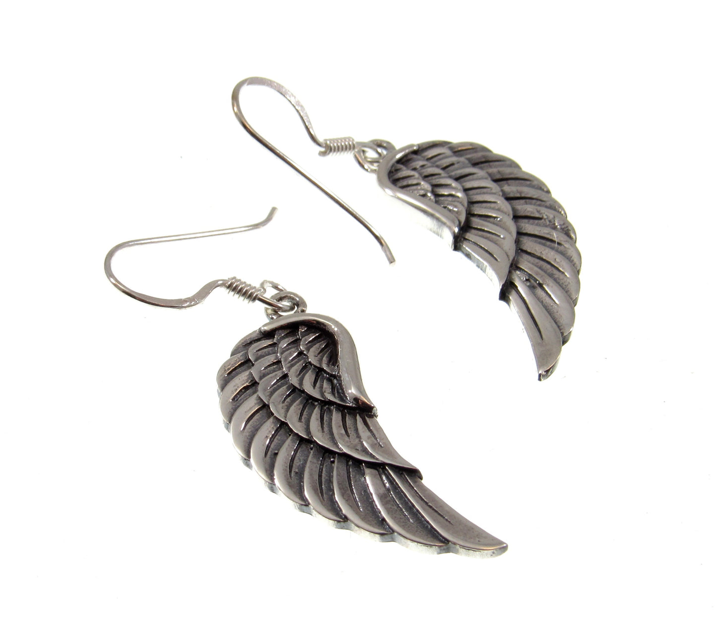 Solid 925 Sterling Silver Angel Wing Earrings, Handcrafted Drop Dangle Hook Earrings, Symbol of Protection Jewelry