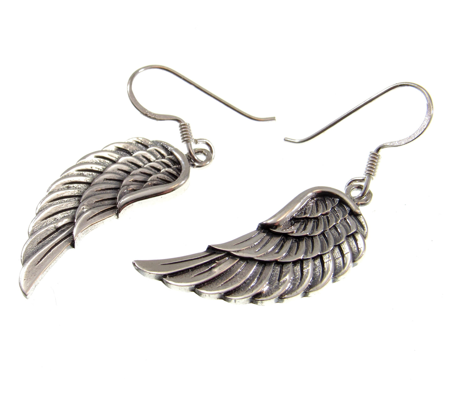 Solid 925 Sterling Silver Angel Wing Earrings, Handcrafted Drop Dangle Hook Earrings, Symbol of Protection Jewelry