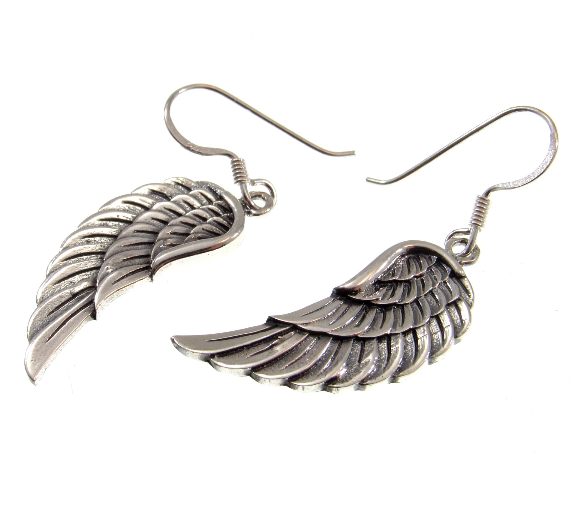 Solid 925 Sterling Silver Angel Wing Earrings, Handcrafted Drop Dangle Hook Earrings, Symbol of Protection Jewelry