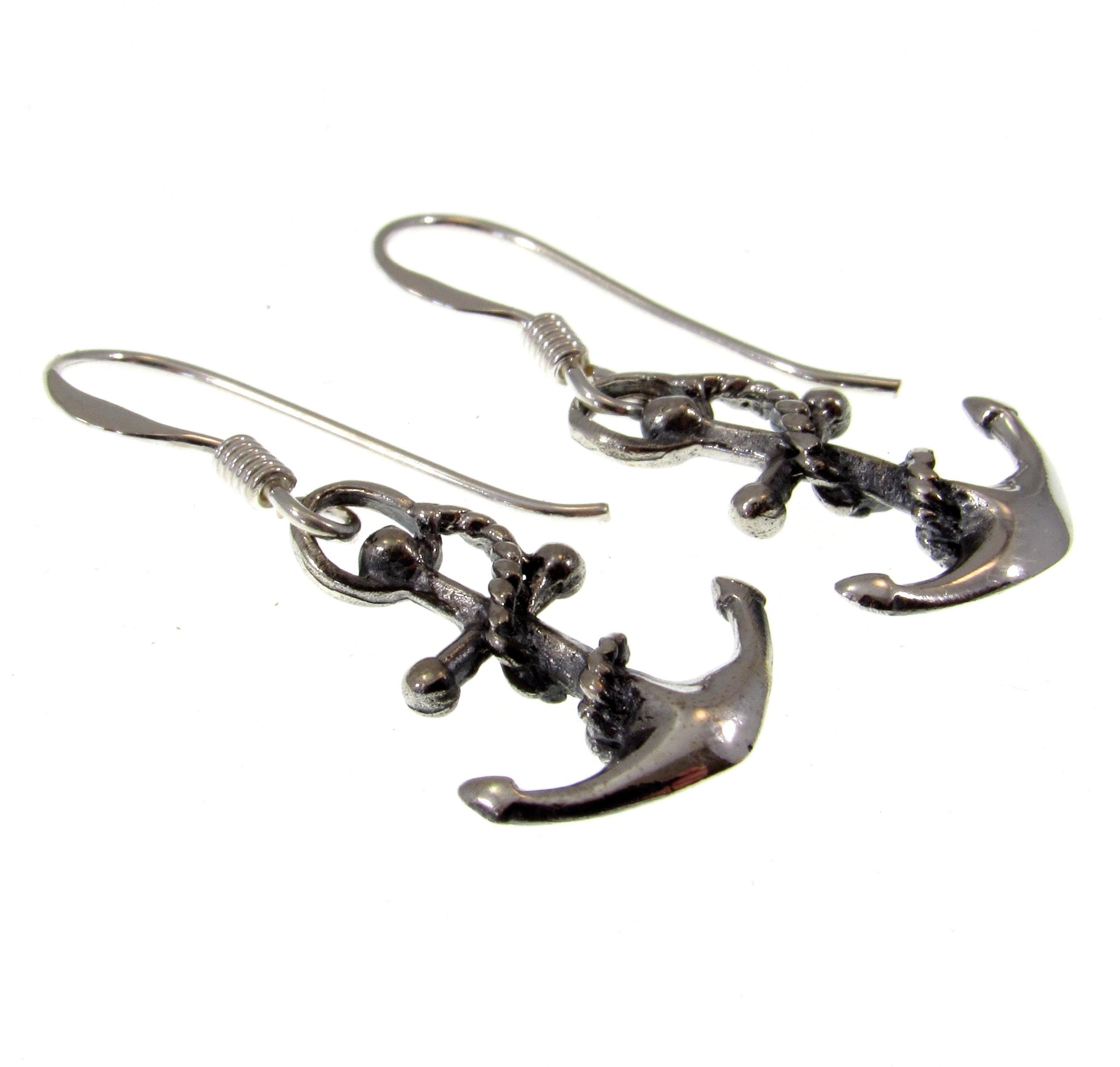 Solid 925 Sterling Silver Anchor & Rope Earrings, Handcrafted Drop Dangle Hook Earrings, Nautical Boat Jewelry