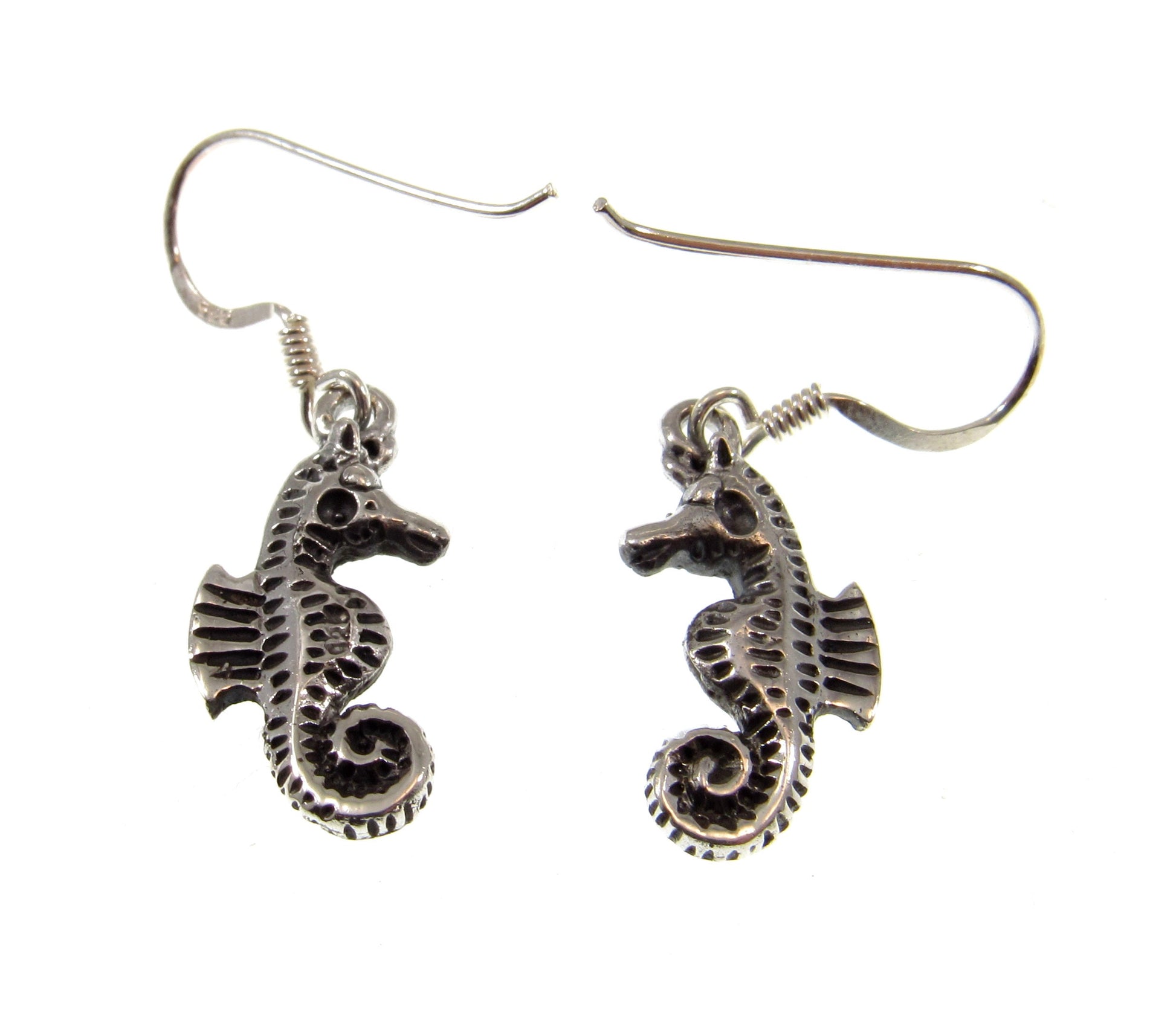 Solid 925 Sterling Silver 3D Seahorse Earrings, Handcrafted Drop Dangle Hook Earrings, Sea Life Nautical Jewelry