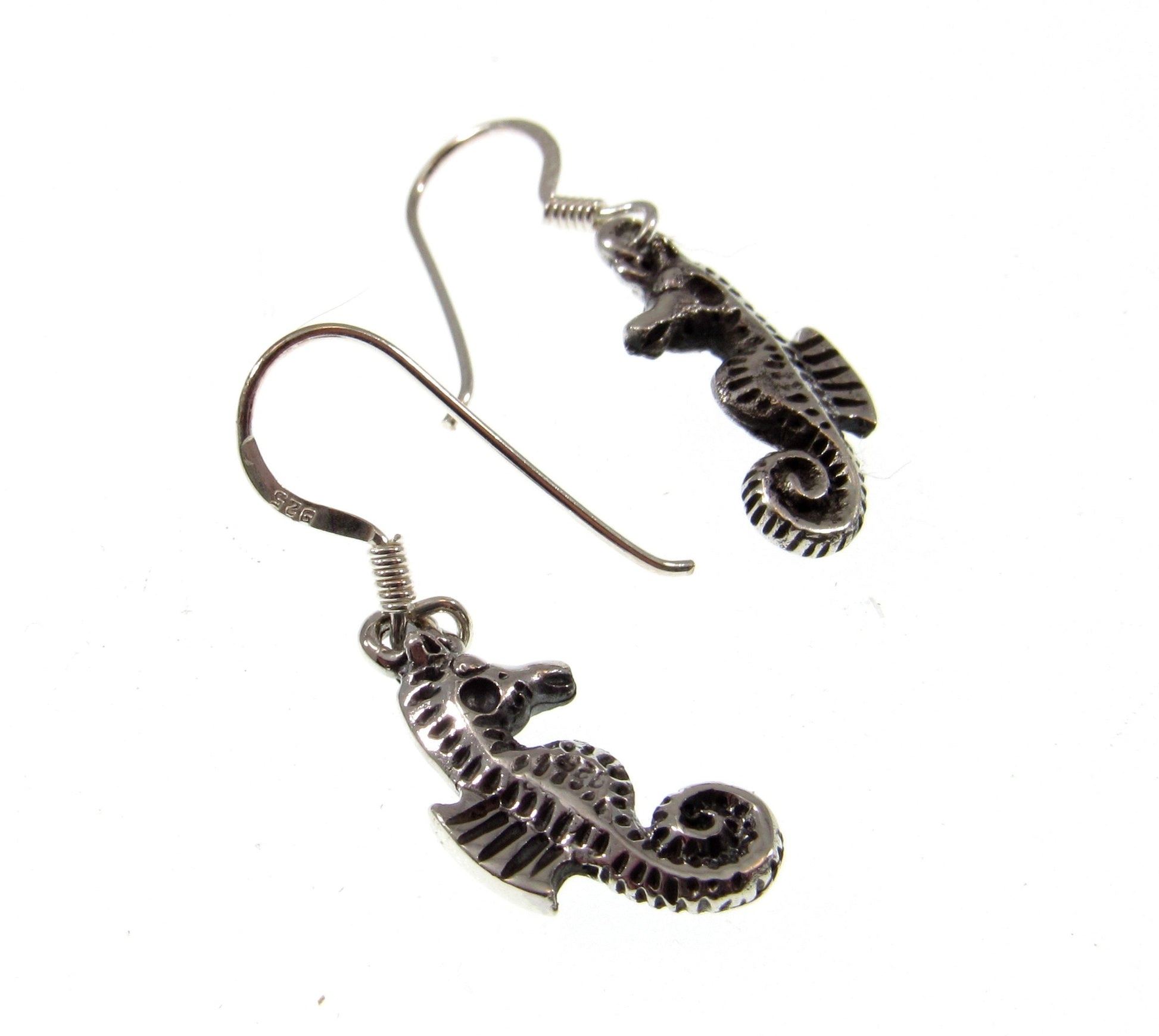 Solid 925 Sterling Silver 3D Seahorse Earrings, Handcrafted Drop Dangle Hook Earrings, Sea Life Nautical Jewelry