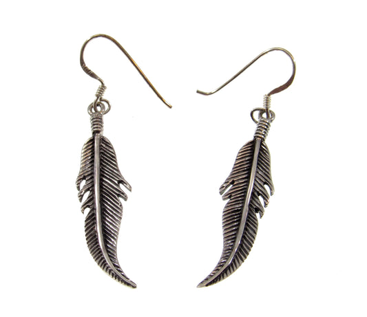 Solid 925 Sterling Silver Bird Feather Earrings, Handcrafted Drop Dangle Hook Earrings, Nature Jewelry
