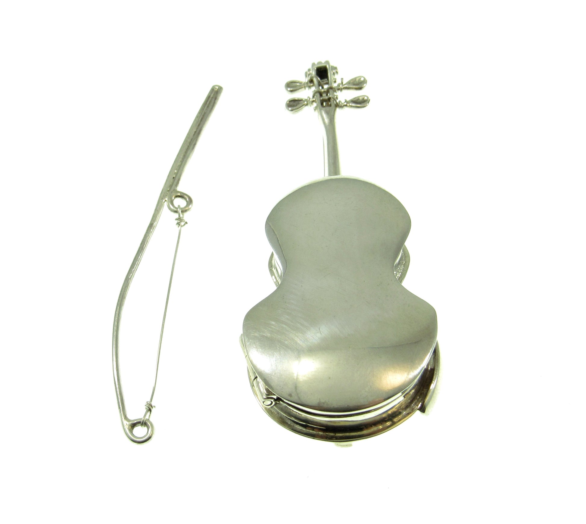 Large Solid 925 Sterling Silver Violin & Bow Locket Pendant, Handcrafted String Instrument Pill Box Jewelry