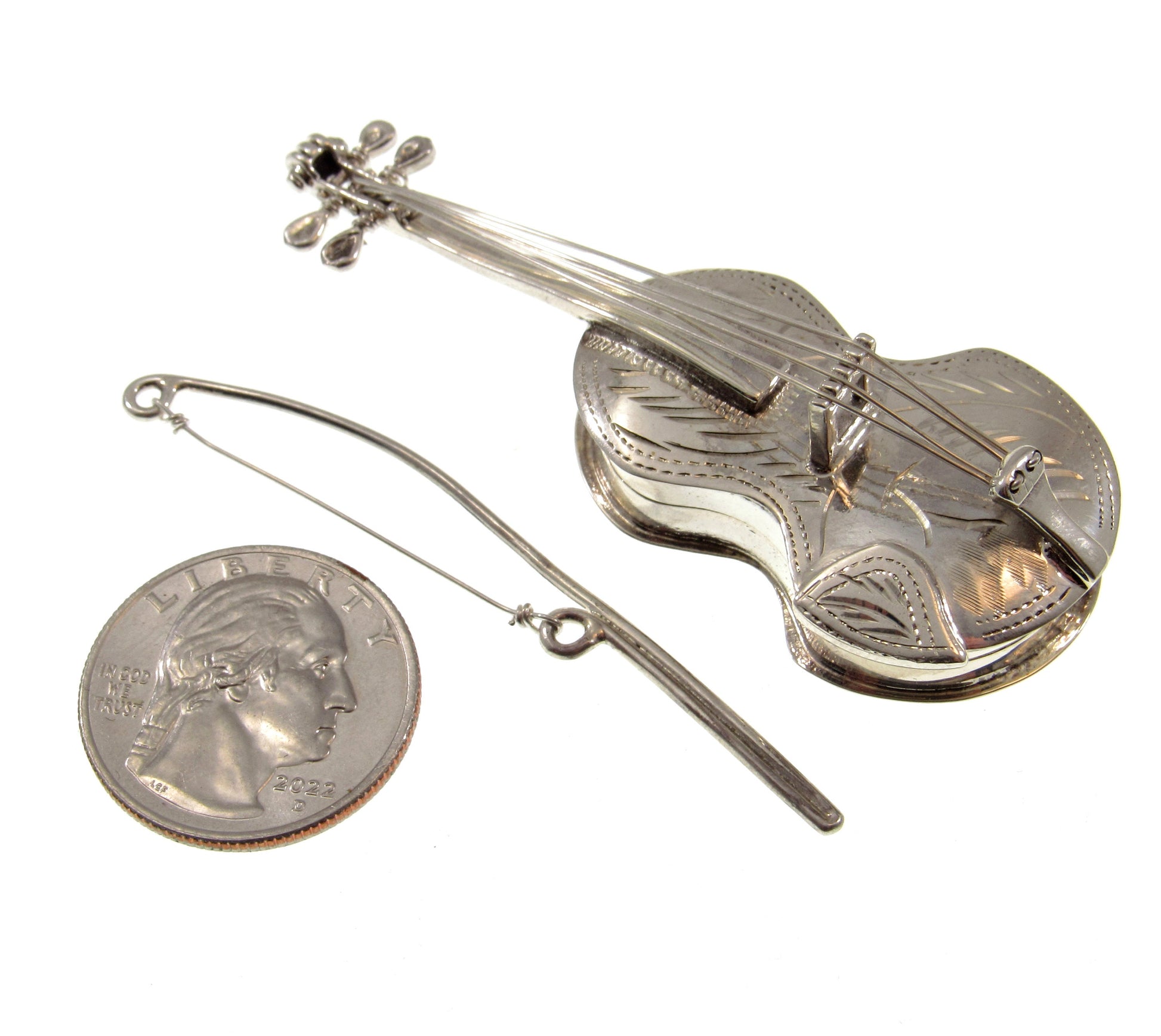 Large Solid 925 Sterling Silver Violin & Bow Locket Pendant, Handcrafted String Instrument Pill Box Jewelry
