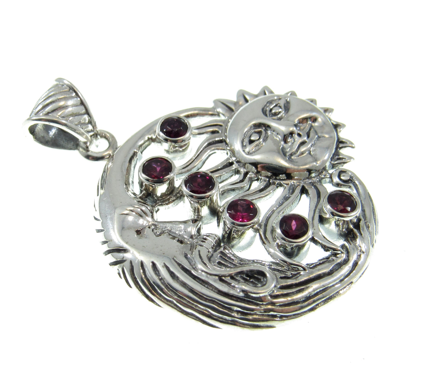 Solid 925 Sterling Silver & Garnet Gemstones Sun and Crescent Moon Faces Pendant, Handcrafted Cosmic Celestial Amulet