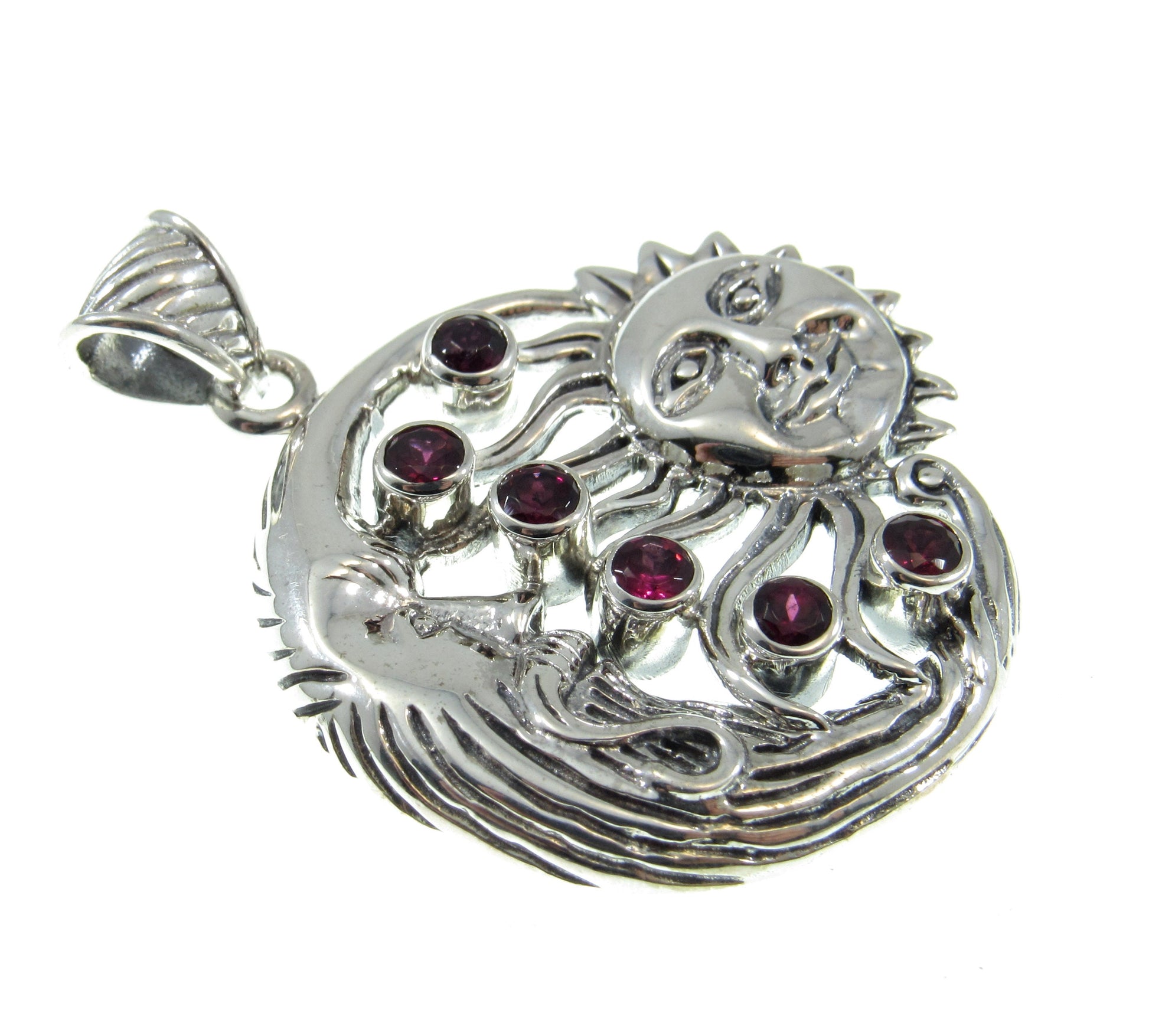 Solid 925 Sterling Silver & Garnet Gemstones Sun and Crescent Moon Faces Pendant, Handcrafted Cosmic Celestial Amulet