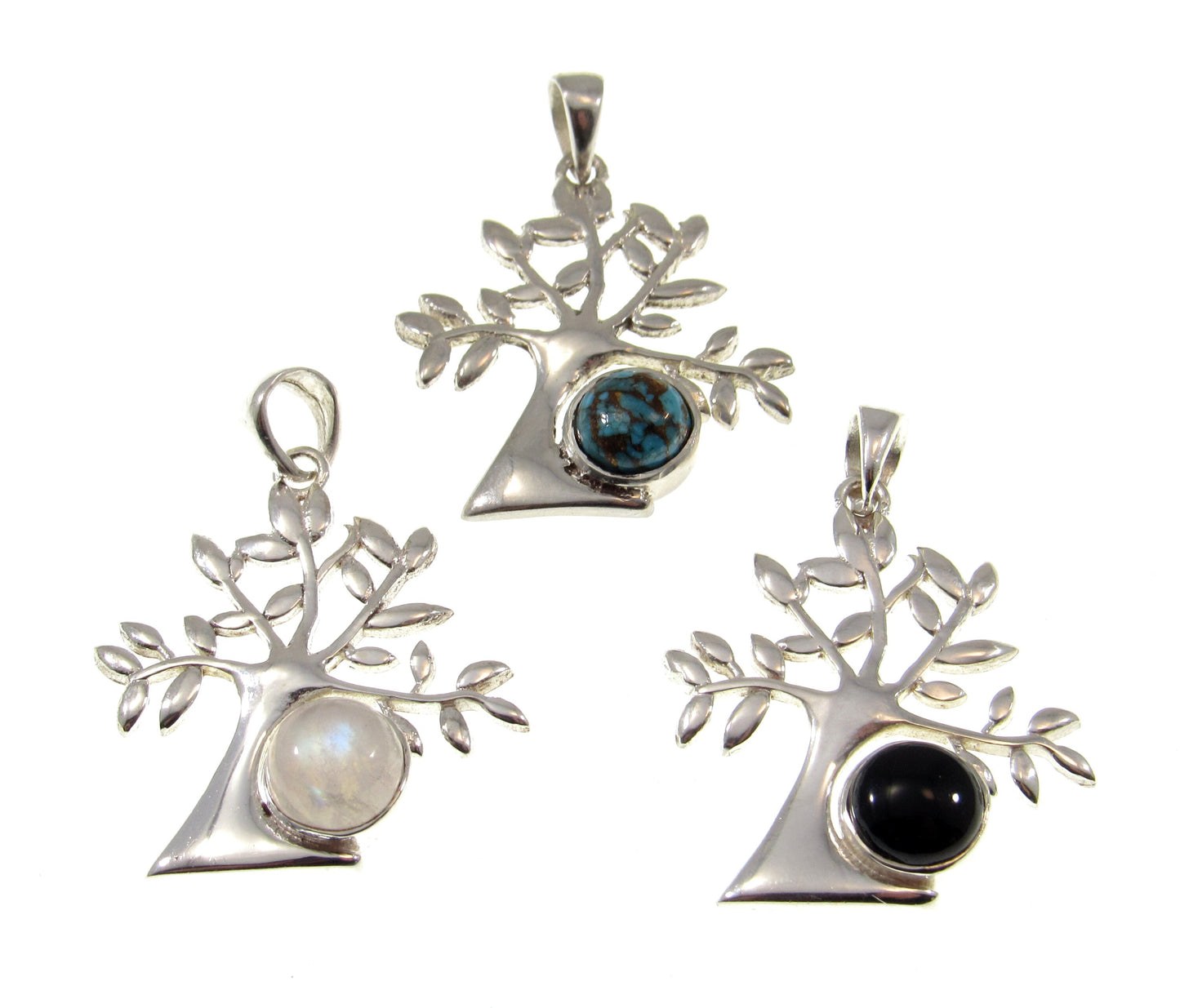 Solid 925 Sterling Silver Tree of Life Pendant With Gemstone Cabochon, Handcrafted Yggdrasil Jewelry, Onyx Moonstone or Turquoise