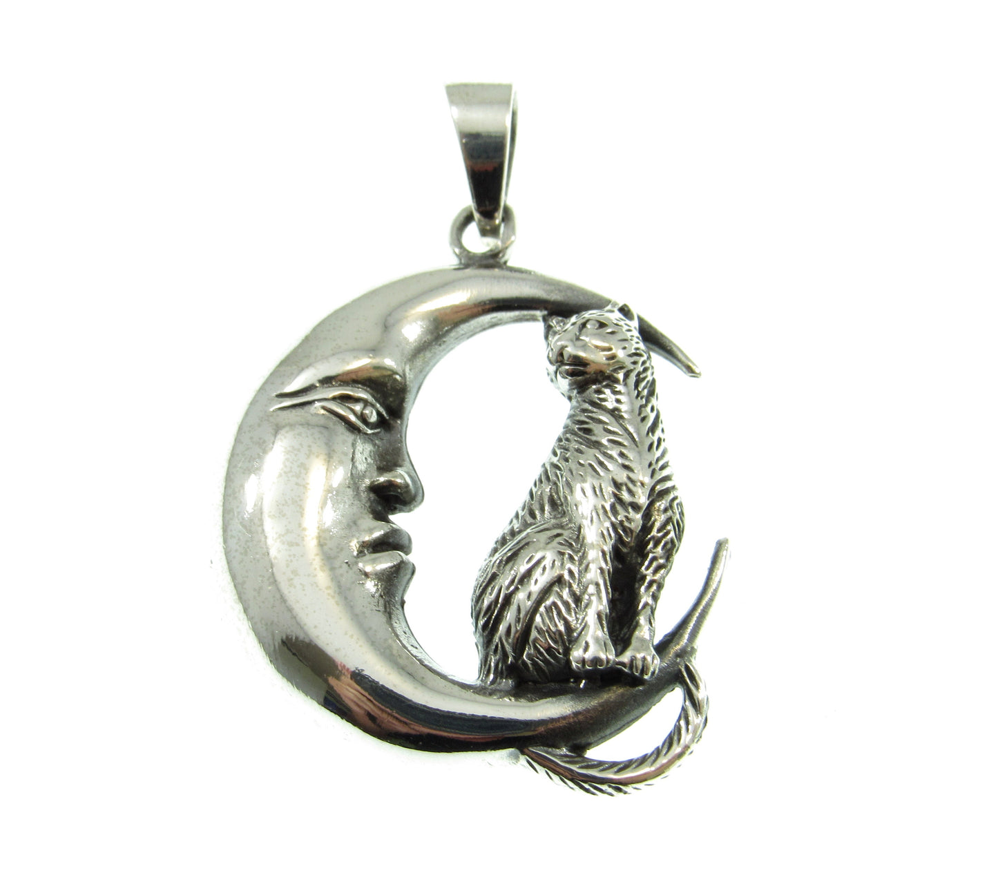 Solid 925 Sterling Silver Cat Familiar on Crescent Moon Pendant, Pagan Amulet, Witchcore Jewelry Necklace Charm, Cat Lover Gift