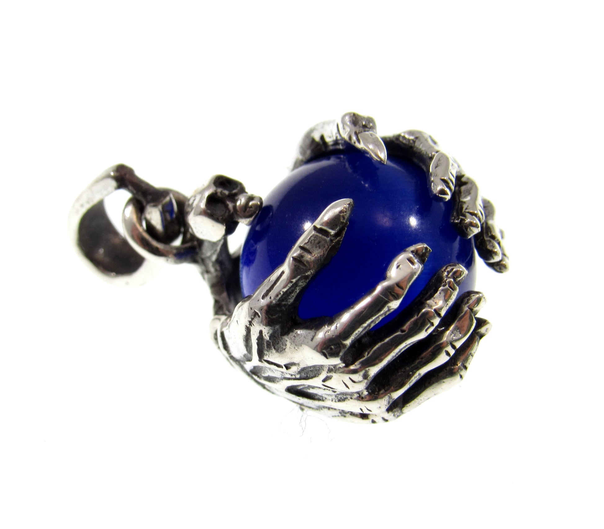 Solid 925 Sterling Silver Skull And Skeleton Hands Pendant, Blue Cat's Eye Quartz Gemstone Sphere, Necklace Pendant, Gothic Jewelry for Men