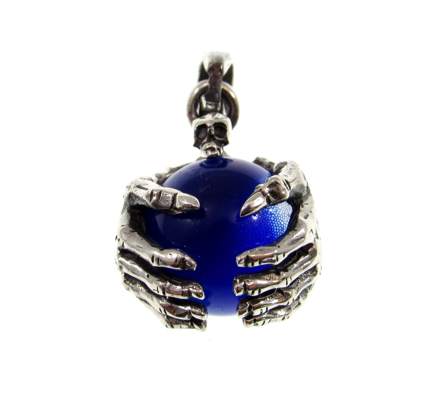 Solid 925 Sterling Silver Skull And Skeleton Hands Pendant, Blue Cat's Eye Quartz Gemstone Sphere, Necklace Pendant, Gothic Jewelry for Men