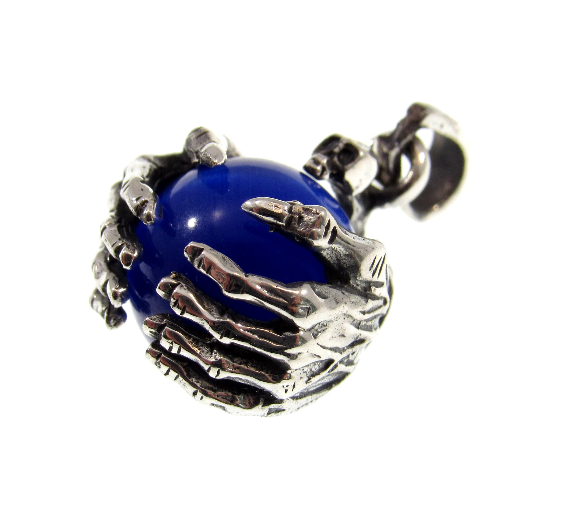 Solid 925 Sterling Silver Skull And Skeleton Hands Pendant, Blue Cat's Eye Quartz Gemstone Sphere, Necklace Pendant, Gothic Jewelry for Men