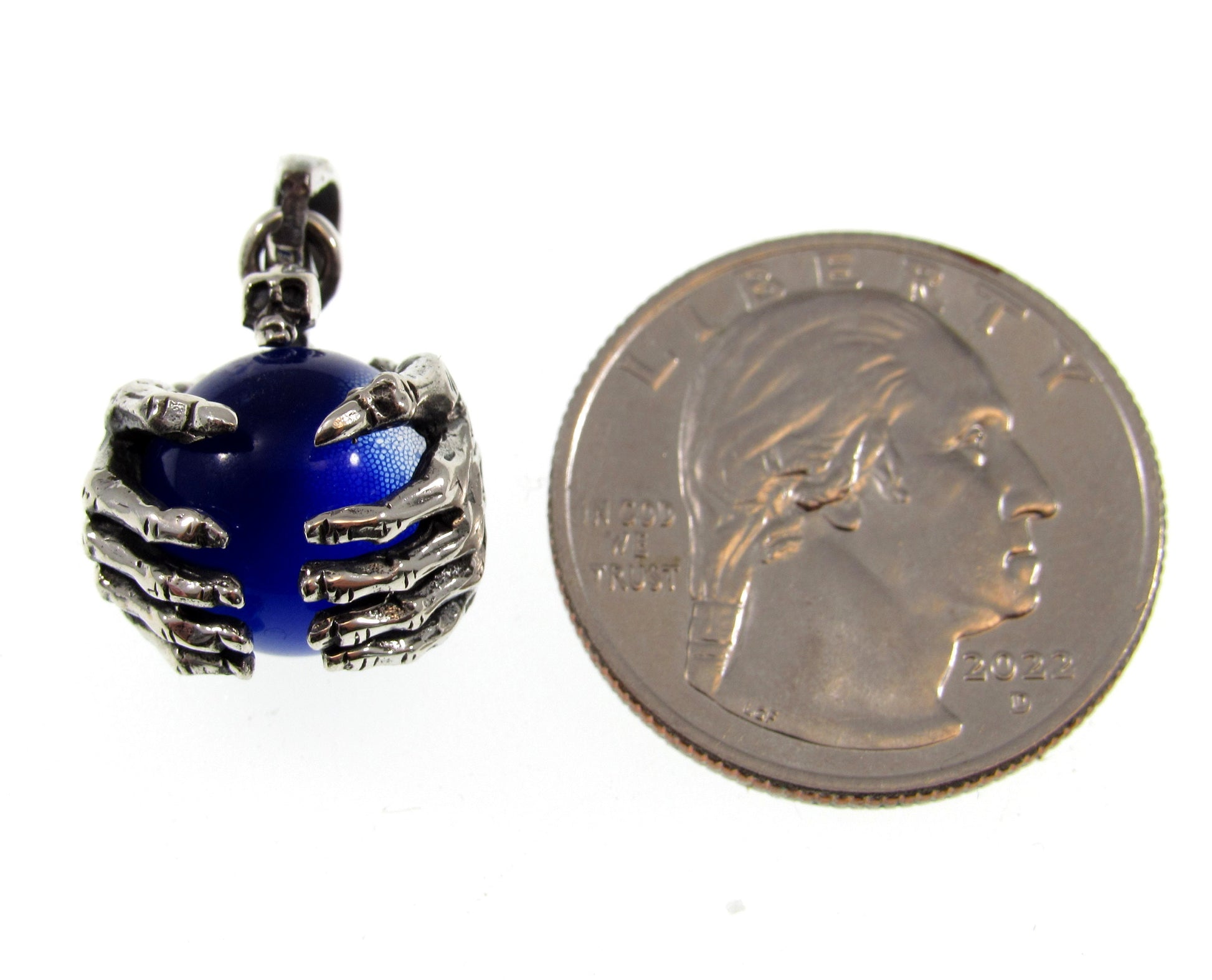 Solid 925 Sterling Silver Skull And Skeleton Hands Pendant, Blue Cat's Eye Quartz Gemstone Sphere, Necklace Pendant, Gothic Jewelry for Men