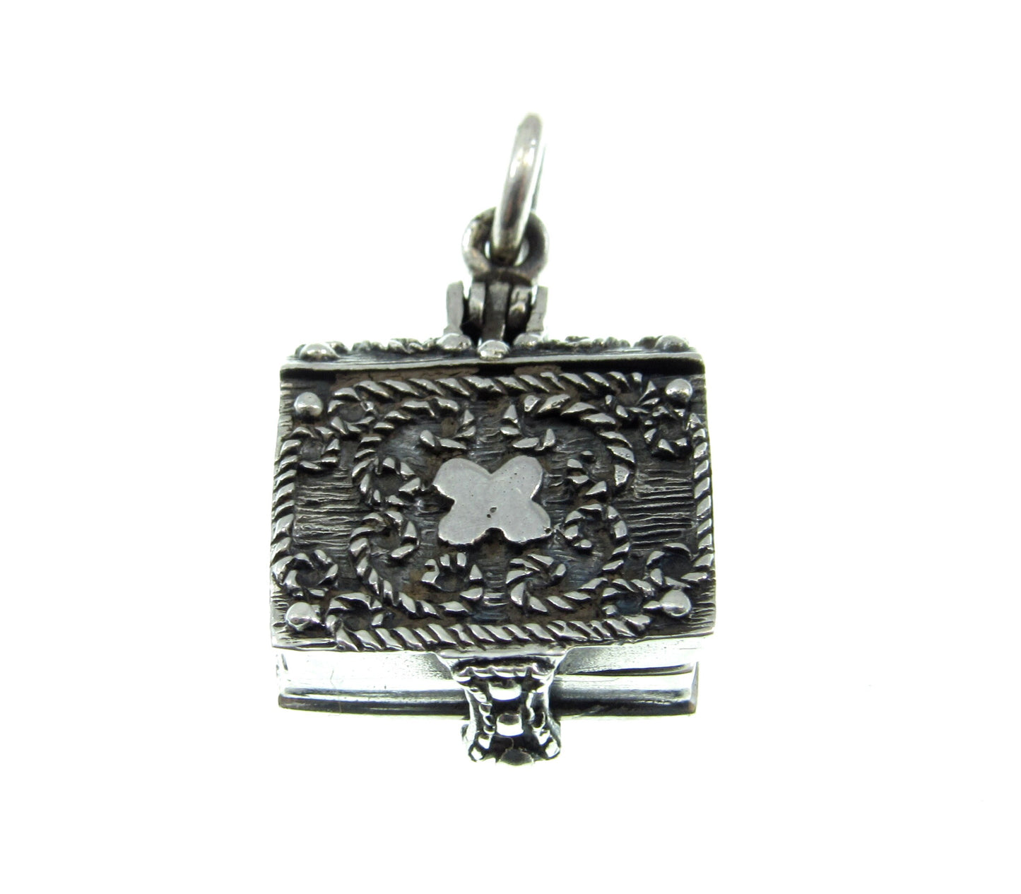 Handcrafted Solid 925 Sterling Silver 3D 3 Dimensional Hinged Holy Bible & Angel Praying Over Baby Jesus Locket Pendant, Opens