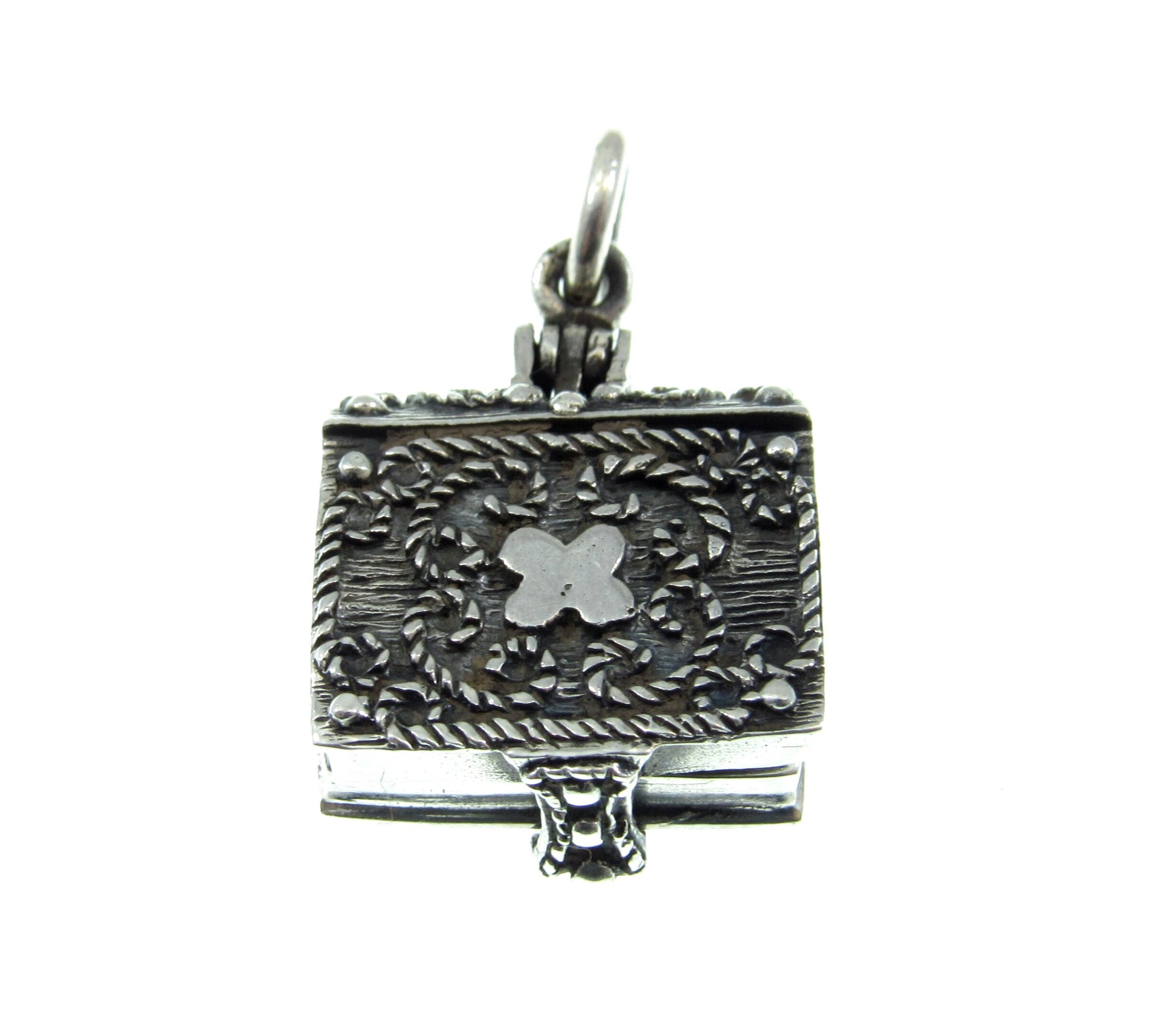 Handcrafted Solid 925 Sterling Silver 3D 3 Dimensional Hinged Holy Bible & Angel Praying Over Baby Jesus Locket Pendant, Opens