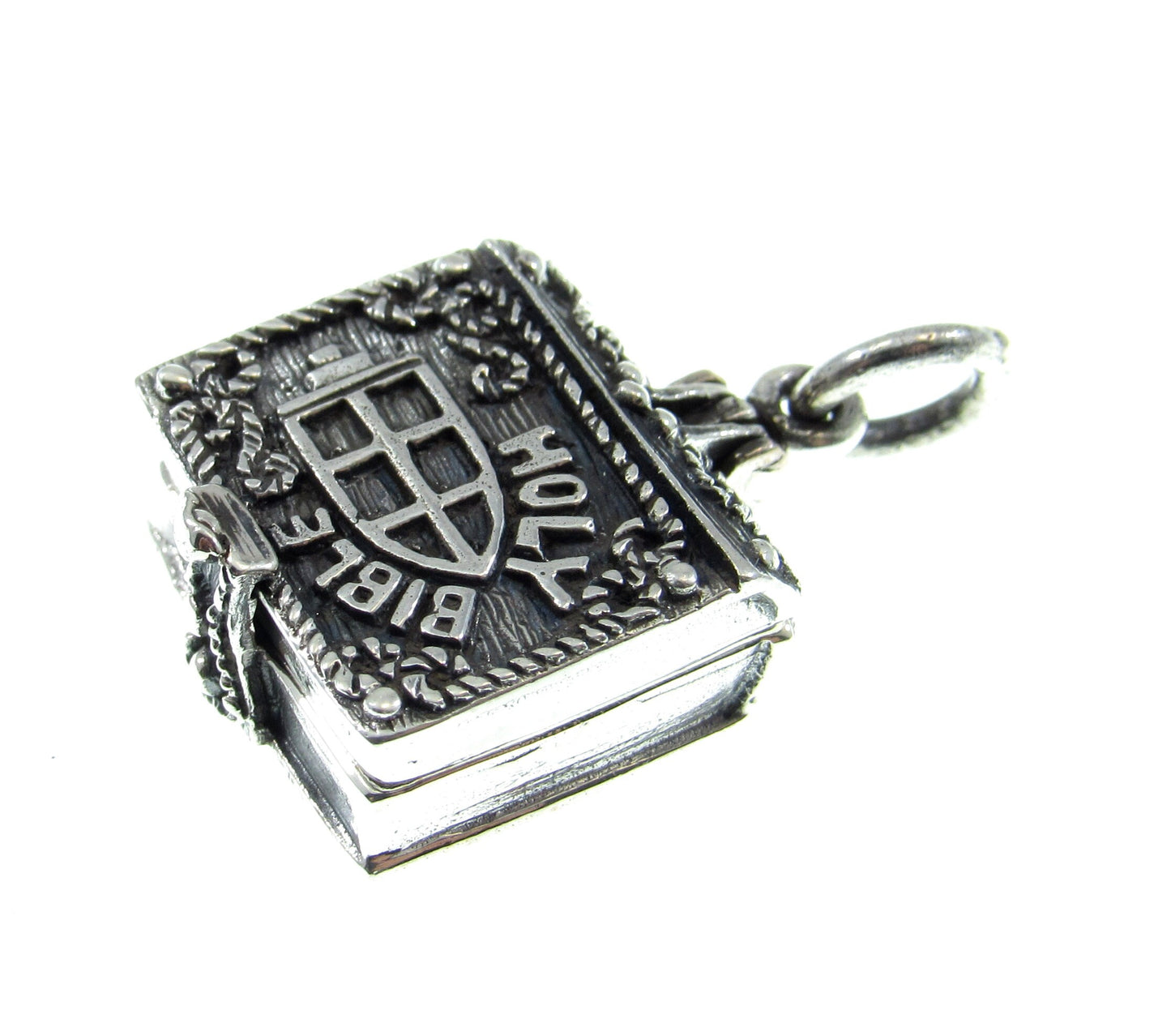 Handcrafted Solid 925 Sterling Silver 3D 3 Dimensional Hinged Holy Bible & Angel Praying Over Baby Jesus Locket Pendant, Opens