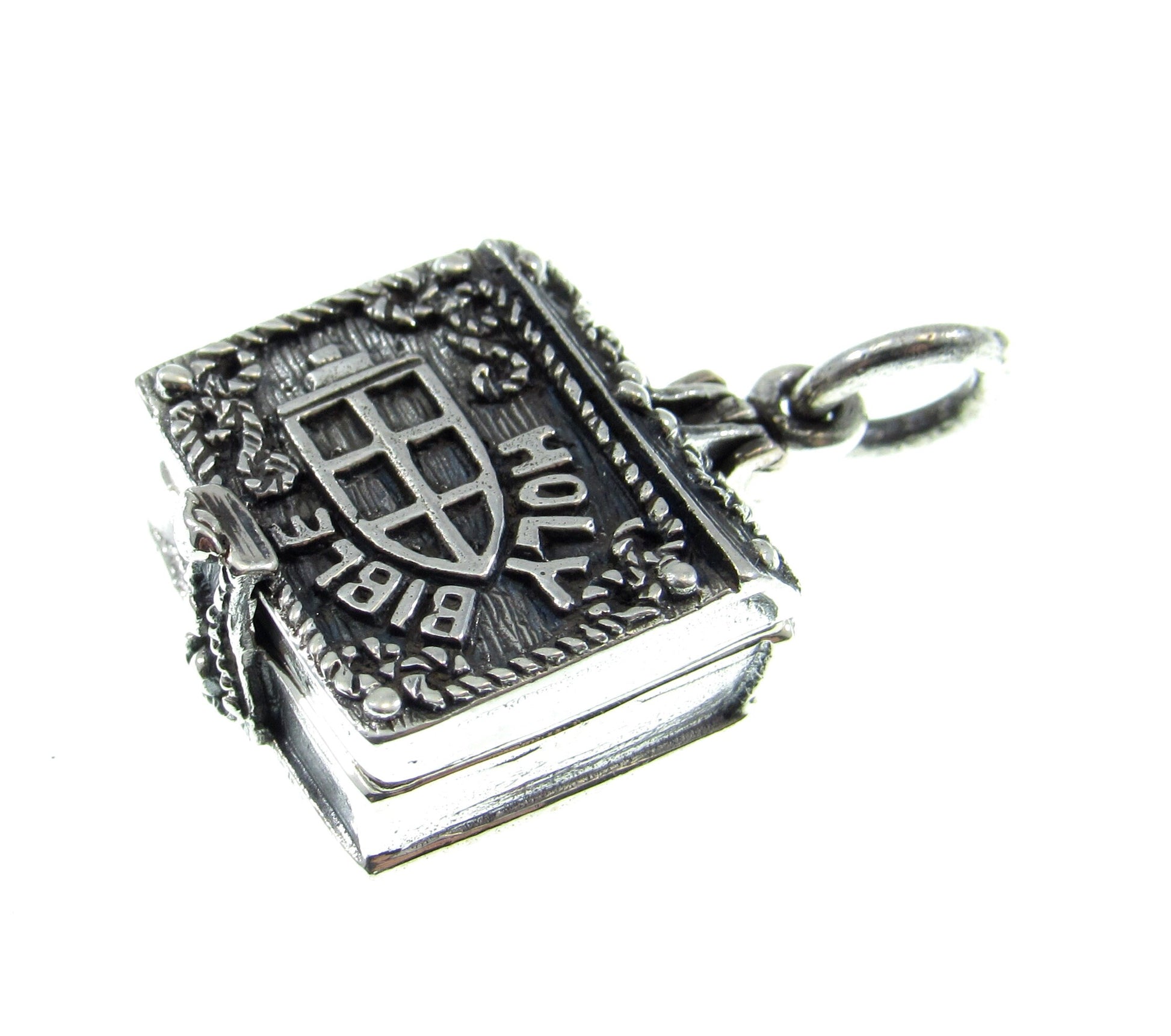 Handcrafted Solid 925 Sterling Silver 3D 3 Dimensional Hinged Holy Bible & Angel Praying Over Baby Jesus Locket Pendant, Opens