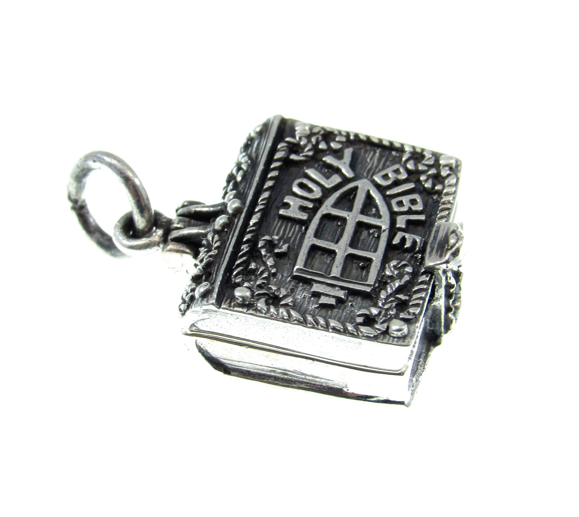 Handcrafted Solid 925 Sterling Silver 3D 3 Dimensional Hinged Holy Bible & Angel Praying Over Baby Jesus Locket Pendant, Opens