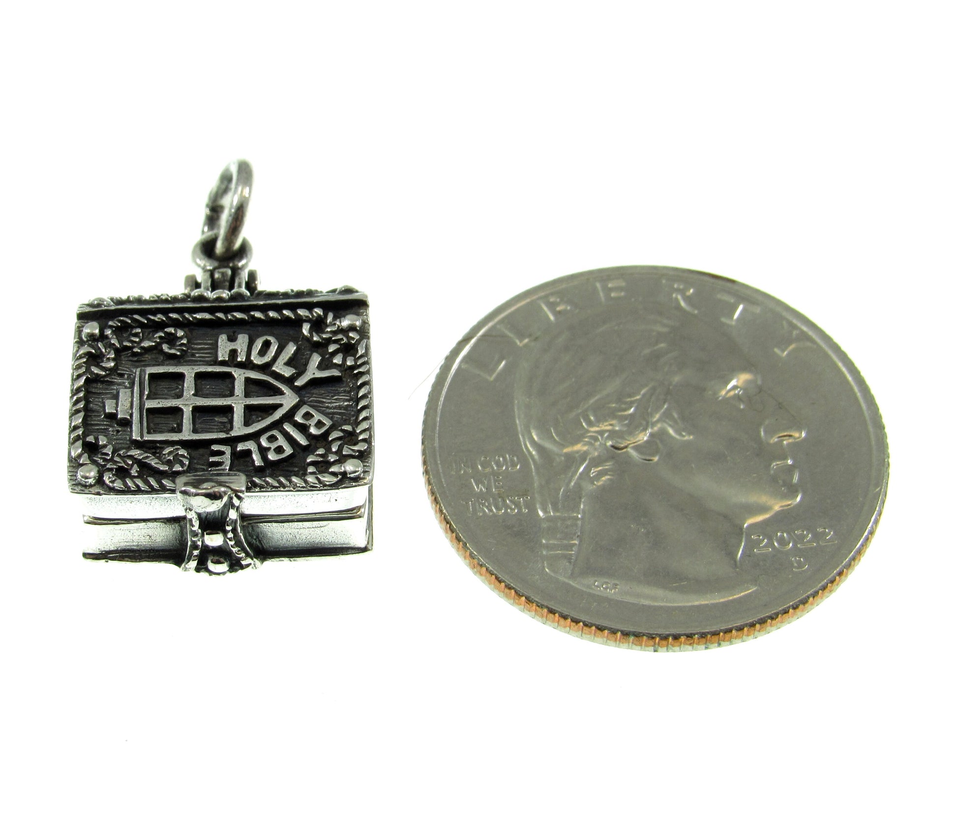 Handcrafted Solid 925 Sterling Silver 3D 3 Dimensional Hinged Holy Bible & Angel Praying Over Baby Jesus Locket Pendant, Opens