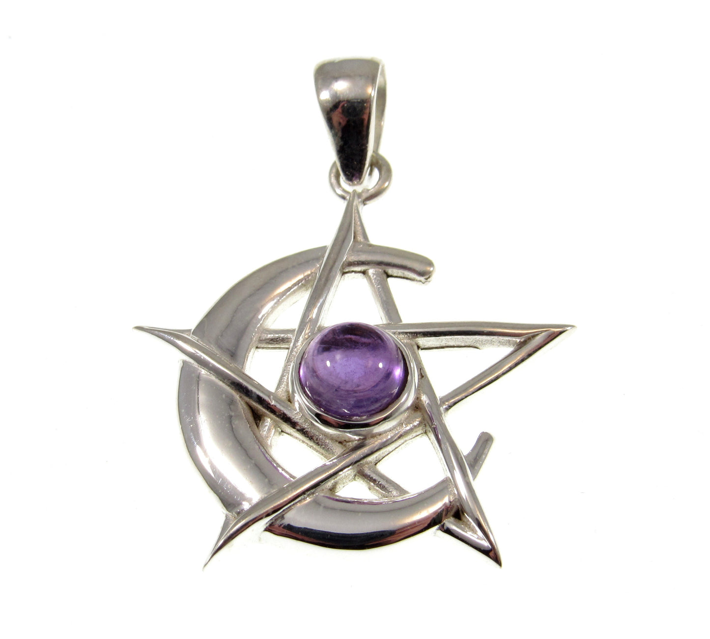 Solid 925 Sterling Silver Pagan Crescent Moon Pentagram Pendant With Gemstone; Purple Amethyst, Rainbow Moonstone, or Black Onyx