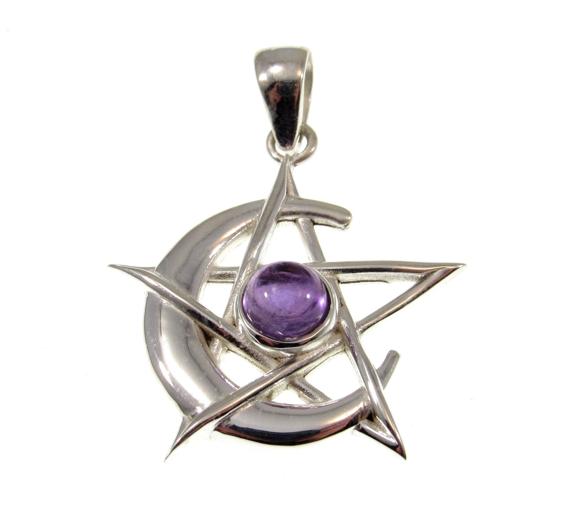 Solid 925 Sterling Silver Pagan Crescent Moon Pentagram Pendant With Gemstone; Purple Amethyst, Rainbow Moonstone, or Black Onyx