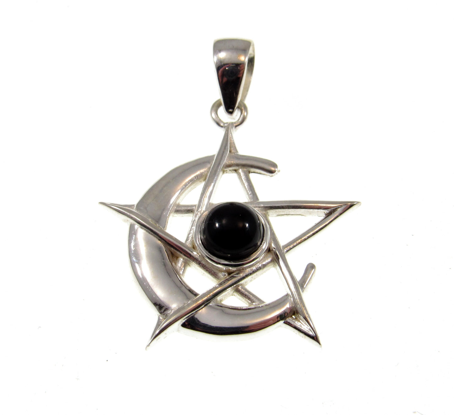 Solid 925 Sterling Silver Pagan Crescent Moon Pentagram Pendant With Gemstone; Purple Amethyst, Rainbow Moonstone, or Black Onyx