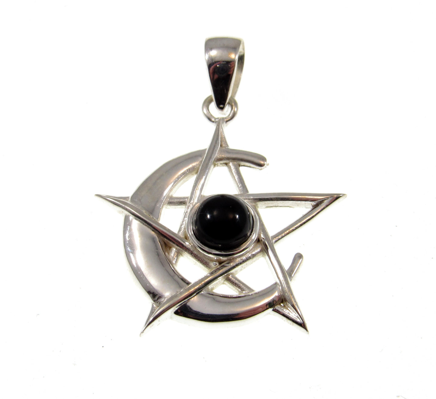 Solid 925 Sterling Silver Pentacle Moon Pendant – Amethyst, Moonstone or Onyx – Pagan Protection Symbol