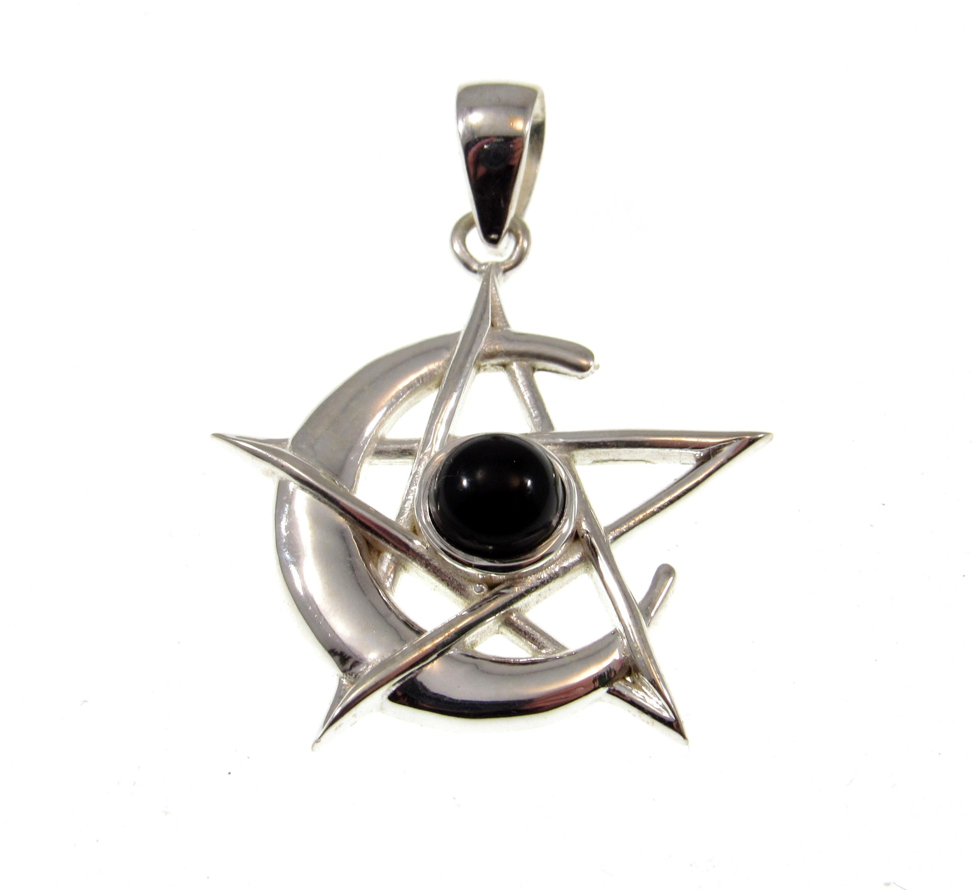 Solid 925 Sterling Silver Pentacle Moon Pendant – Amethyst, Moonstone or Onyx – Pagan Protection Symbol
