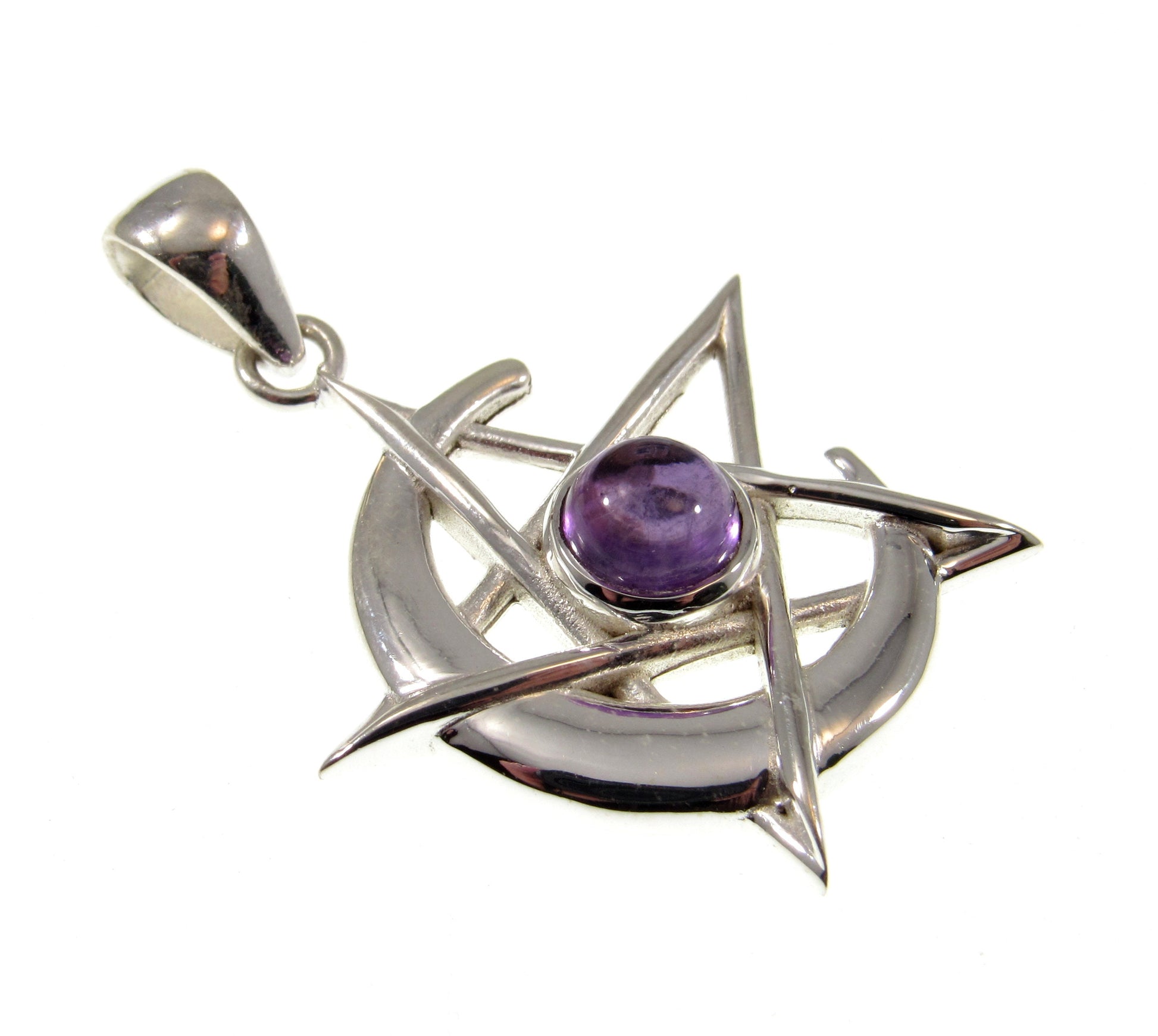 Solid 925 Sterling Silver Pentacle Moon Pendant – Amethyst, Moonstone or Onyx – Pagan Protection Symbol