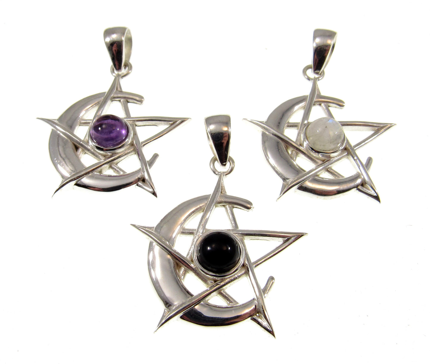 Solid 925 Sterling Silver Pagan Crescent Moon Pentagram Pendant With Gemstone; Purple Amethyst, Rainbow Moonstone, or Black Onyx
