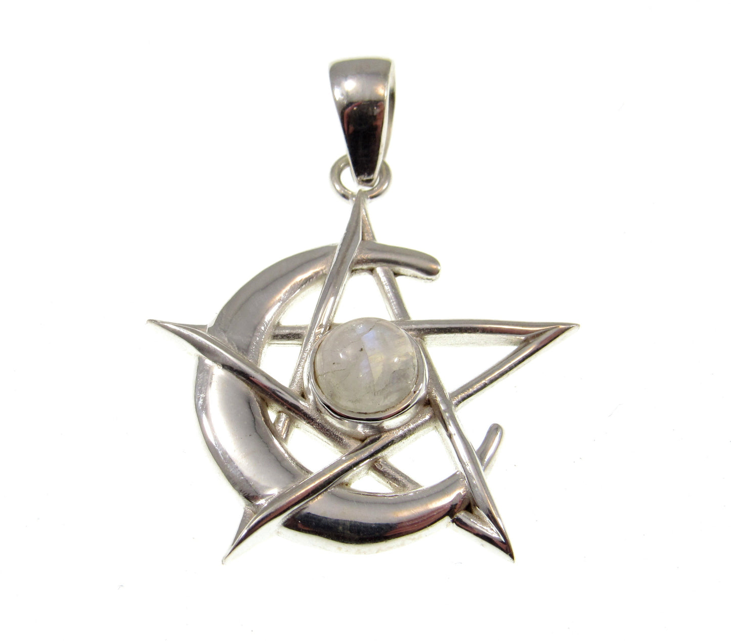 Solid 925 Sterling Silver Pagan Crescent Moon Pentagram Pendant With Gemstone; Purple Amethyst, Rainbow Moonstone, or Black Onyx