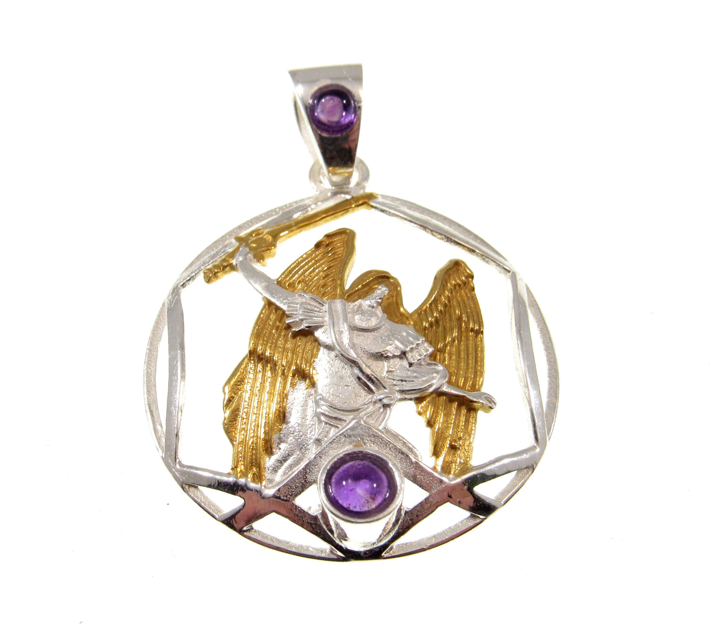 Solid 925 Sterling Silver & Gold Accent Archangel Pendant, Handcrafted Religious Jewelry, Choose Your Medallion