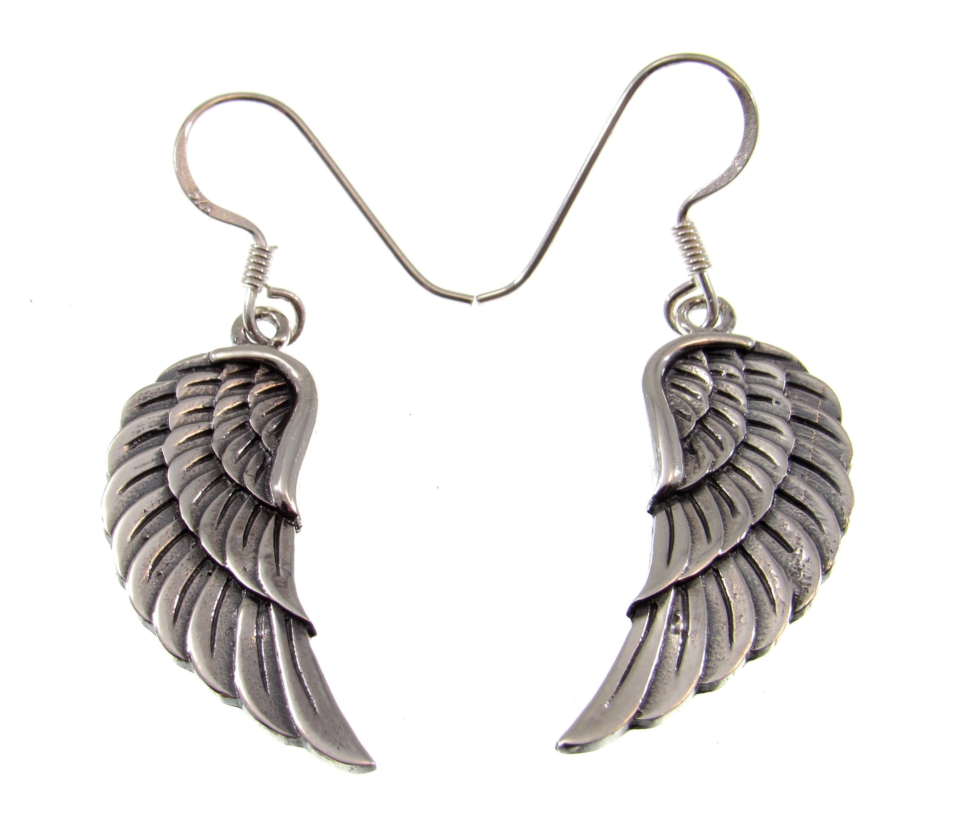 Solid 925 Sterling Silver Angel Wing Earrings, Handcrafted Drop Dangle Hook Earrings, Symbol of Protection Jewelry