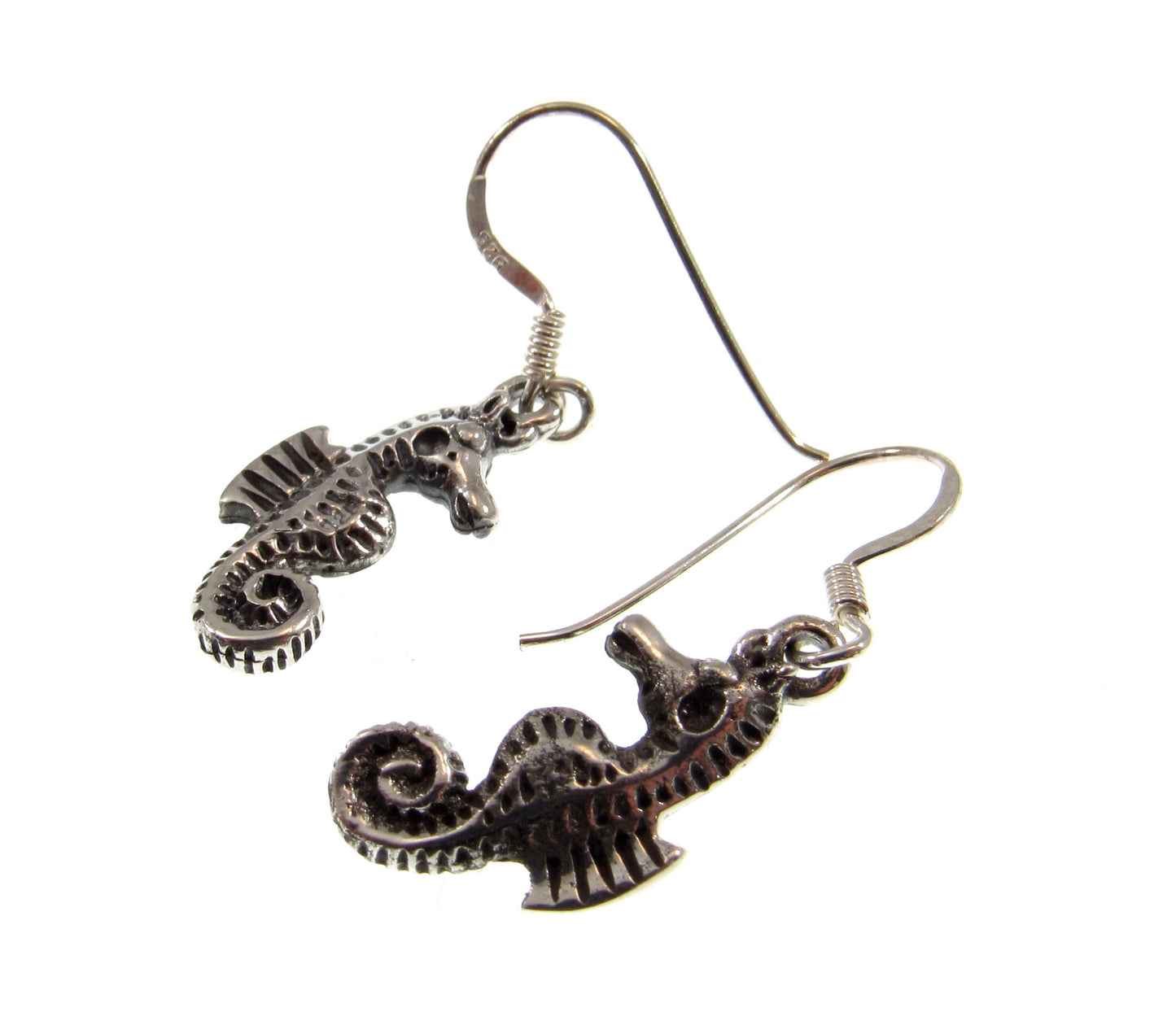 Solid 925 Sterling Silver 3D Seahorse Earrings, Handcrafted Drop Dangle Hook Earrings, Sea Life Nautical Jewelry