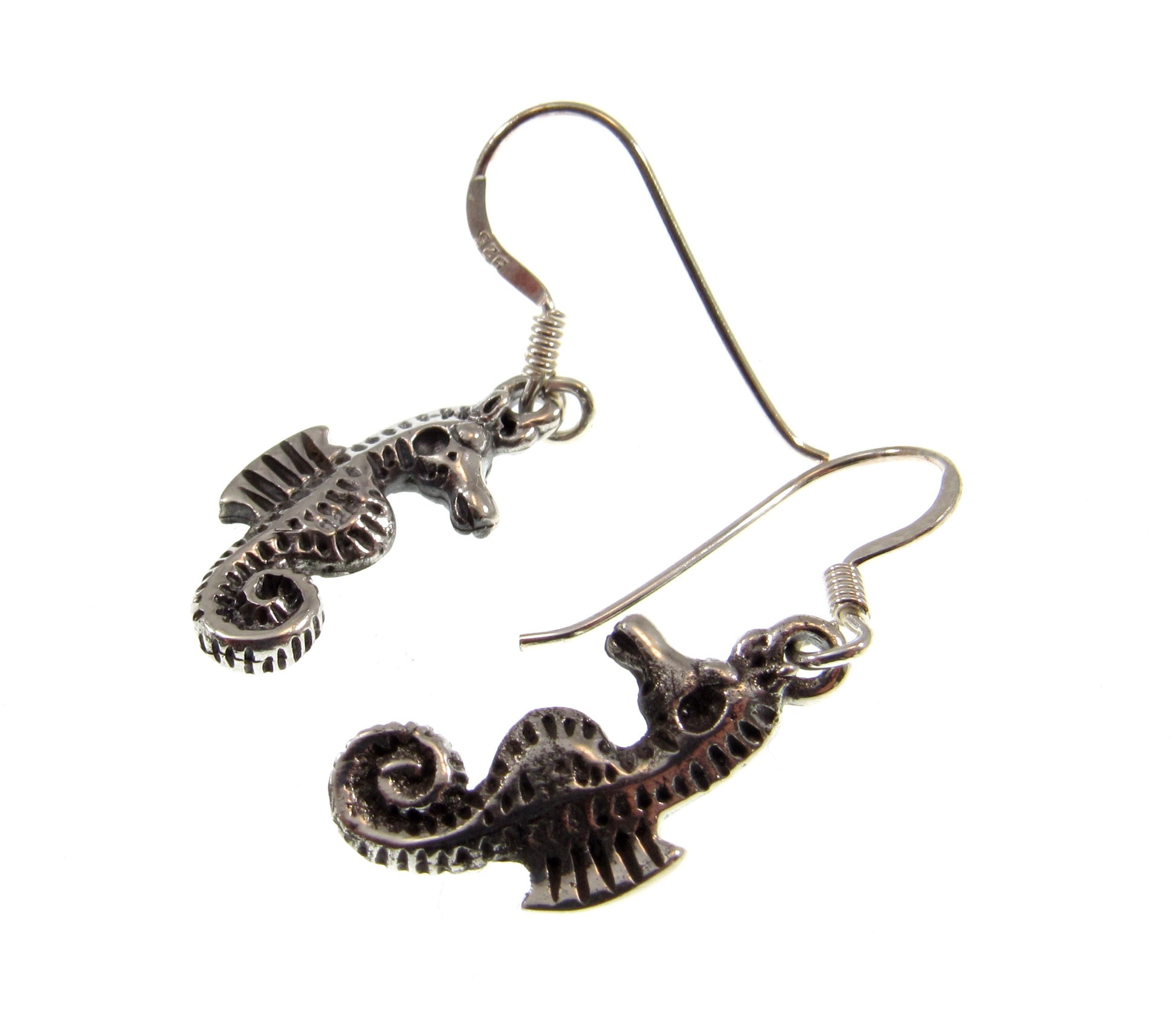 Solid 925 Sterling Silver 3D Seahorse Earrings, Handcrafted Drop Dangle Hook Earrings, Sea Life Nautical Jewelry