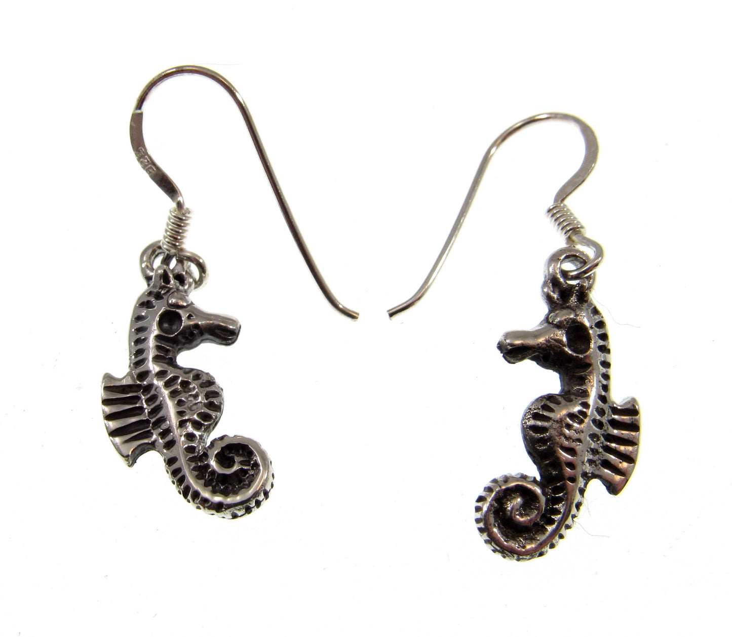 Solid 925 Sterling Silver 3D Seahorse Earrings, Handcrafted Drop Dangle Hook Earrings, Sea Life Nautical Jewelry