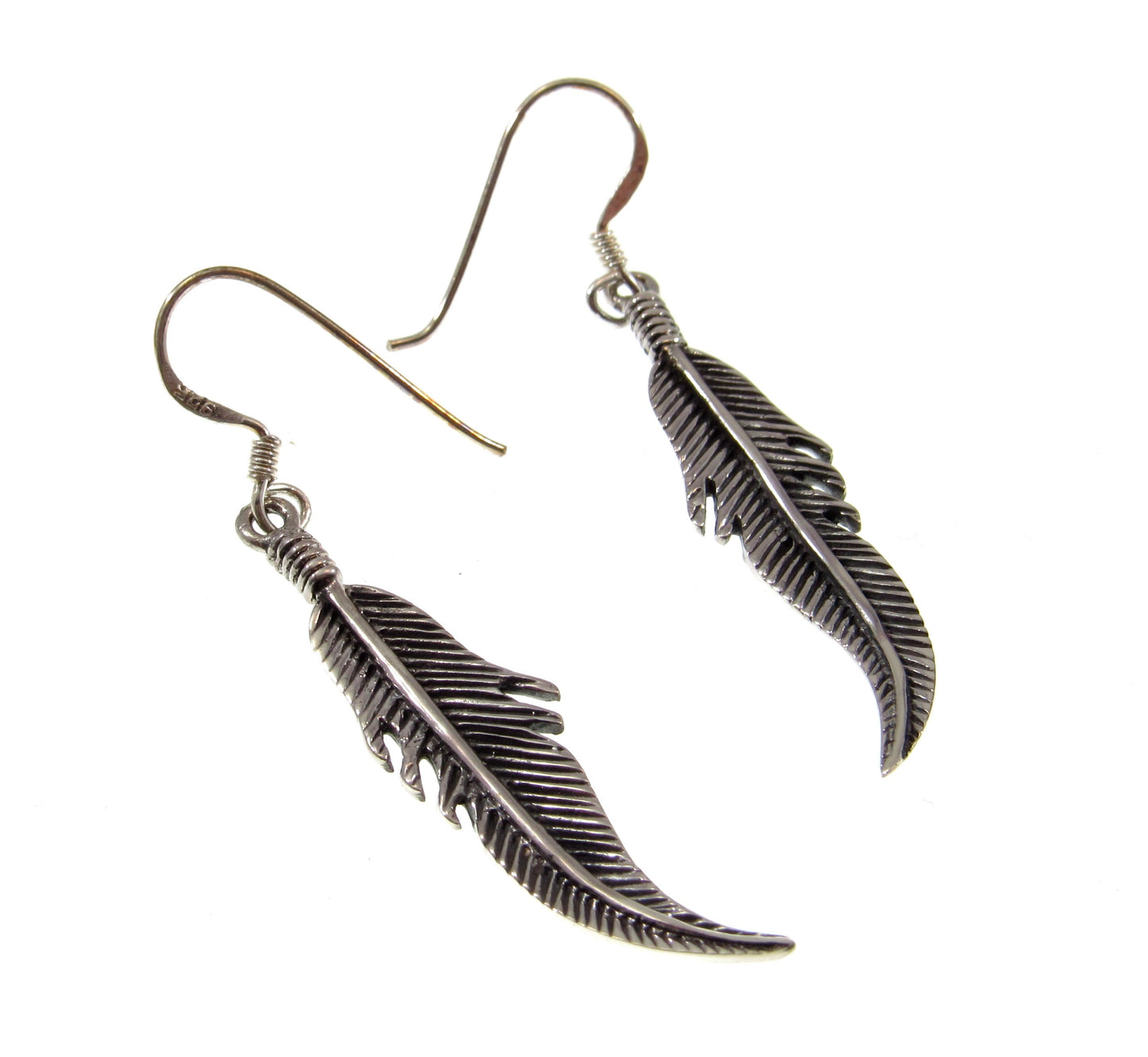 Solid 925 Sterling Silver Bird Feather Earrings, Handcrafted Drop Dangle Hook Earrings, Nature Jewelry