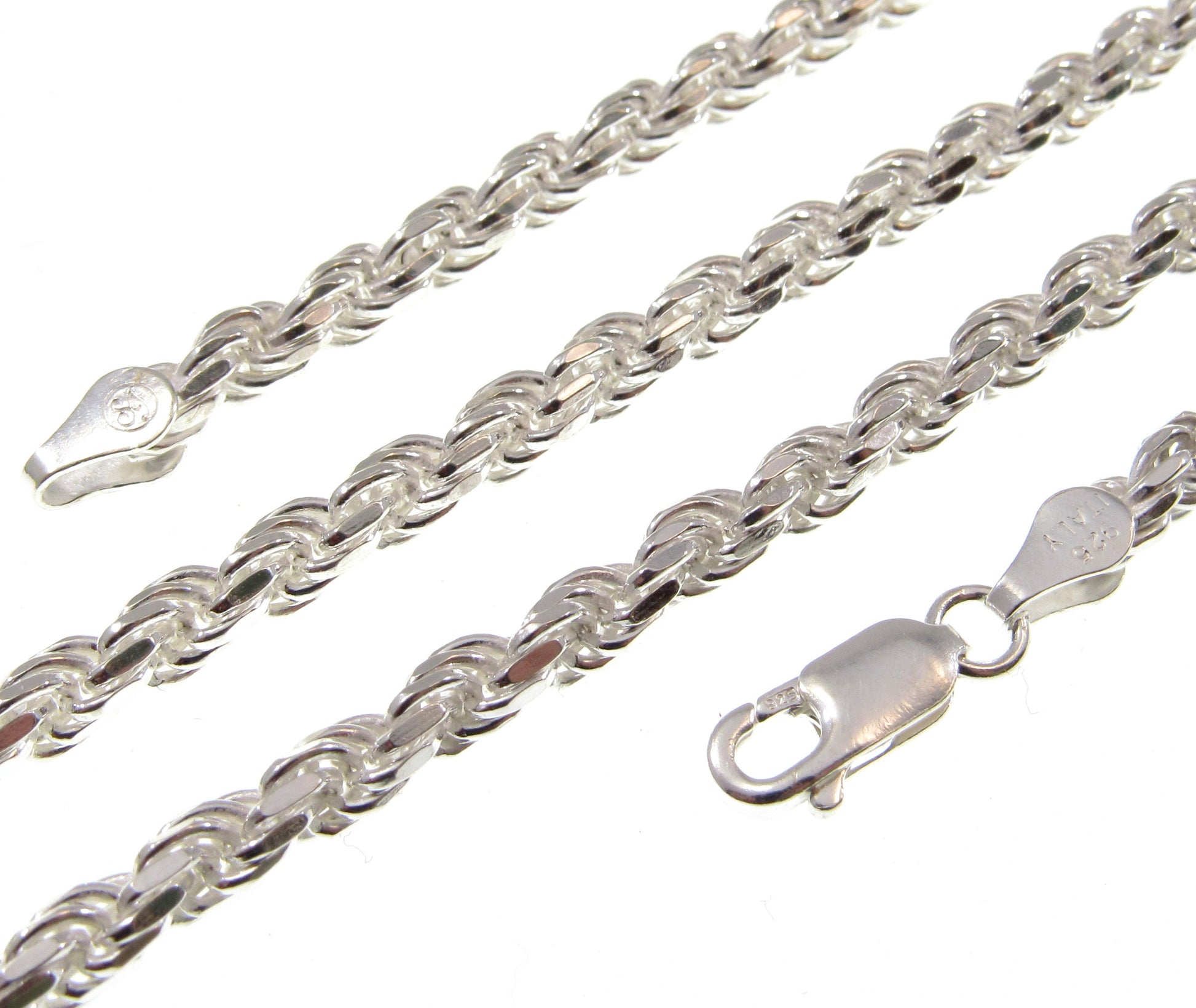 4MM Solid 925 Sterling Silver Italian Diamond Cut Rope Chain, Bracelet or Necklace, Made in Italy, 7 8 9 16 18 20 22 24 26 28 30 34" Inches