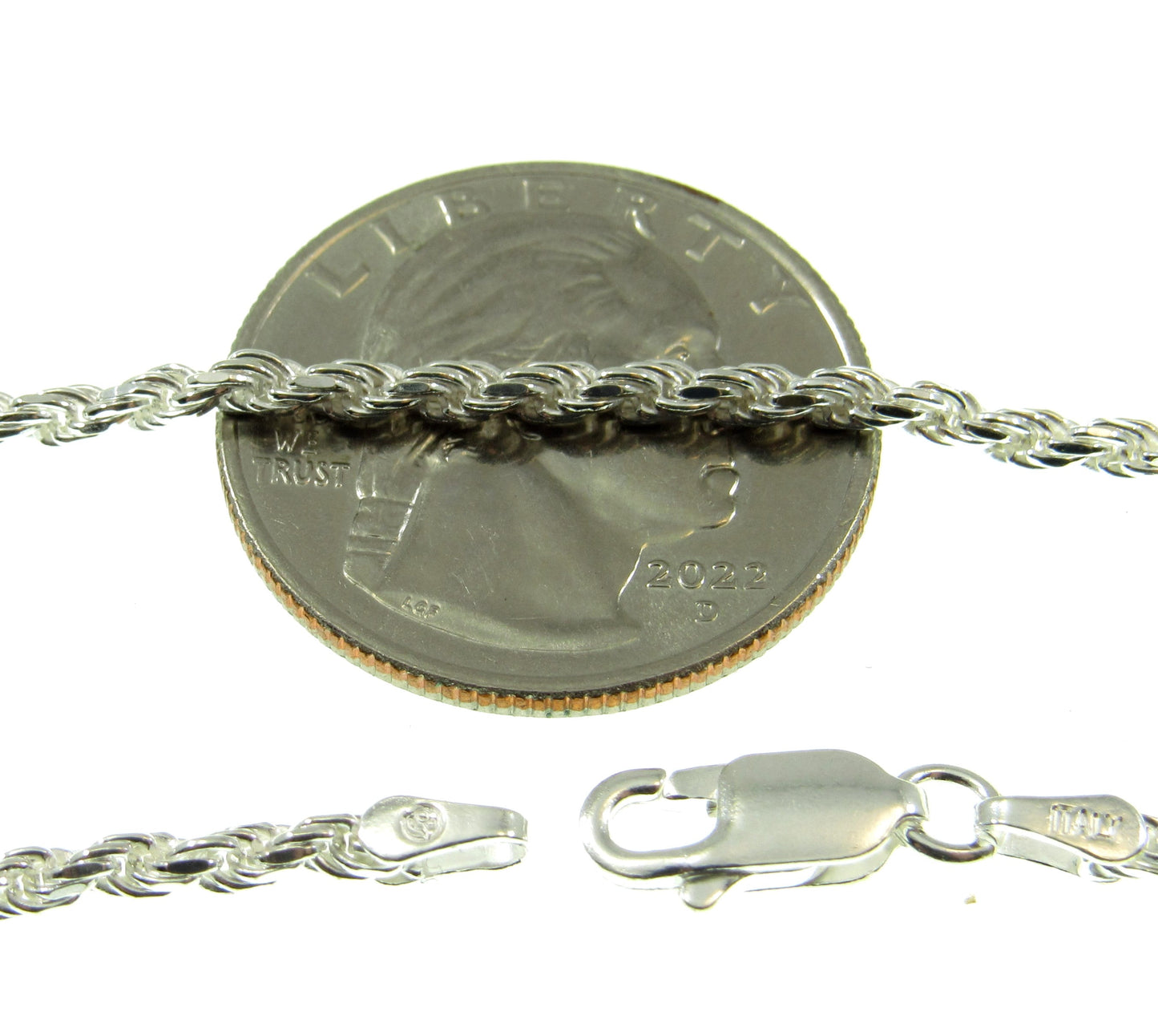 2.5MM Solid 925 Sterling Silver Italian Diamond Cut Rope Chain Necklace / Bracelet, Made in Italy 7 - 36 Inches, Unisex Jewelry Chain