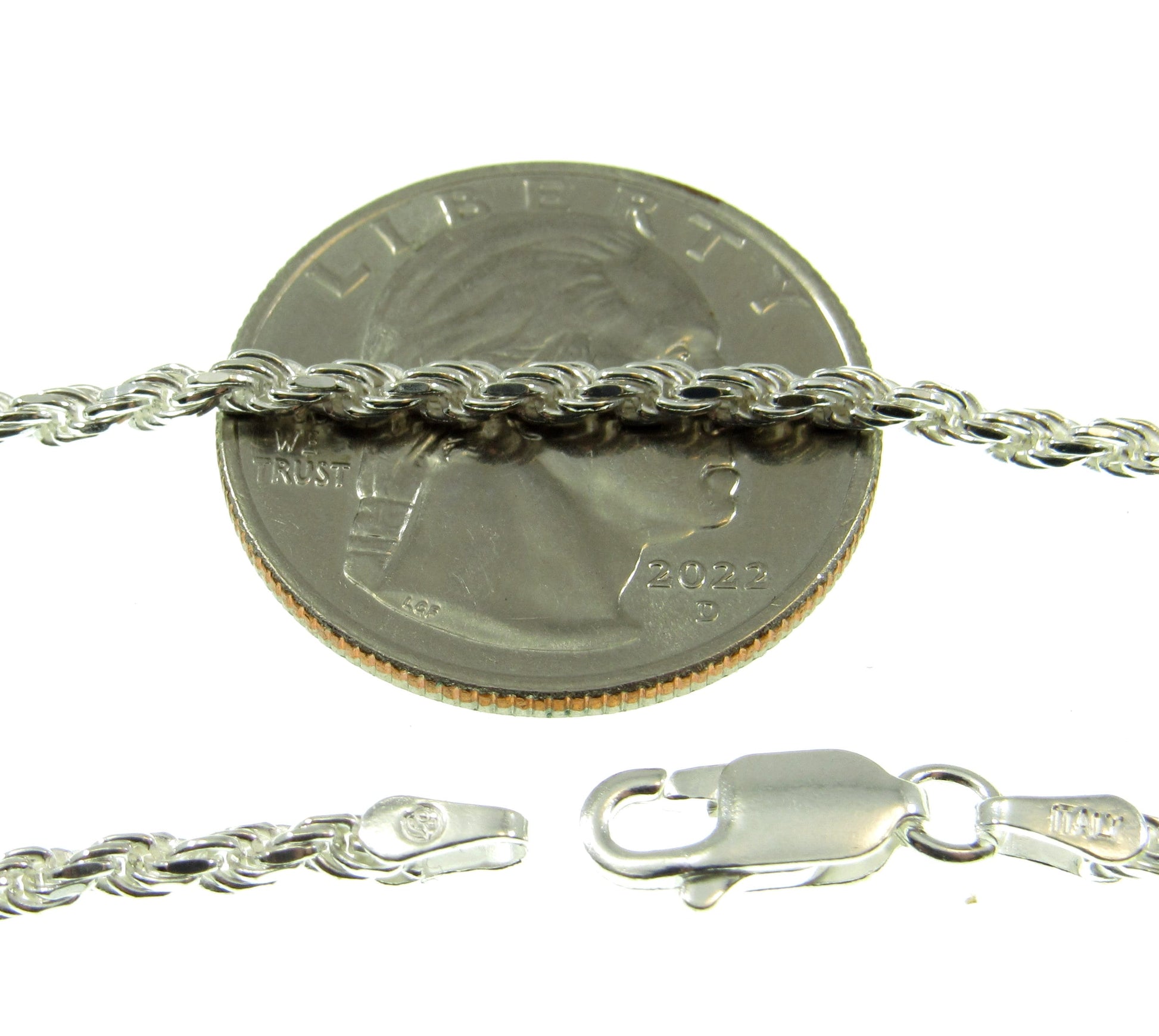 2.5MM Solid 925 Sterling Silver Italian Diamond Cut Rope Chain Necklace / Bracelet, Made in Italy 7 - 36 Inches, Unisex Jewelry Chain