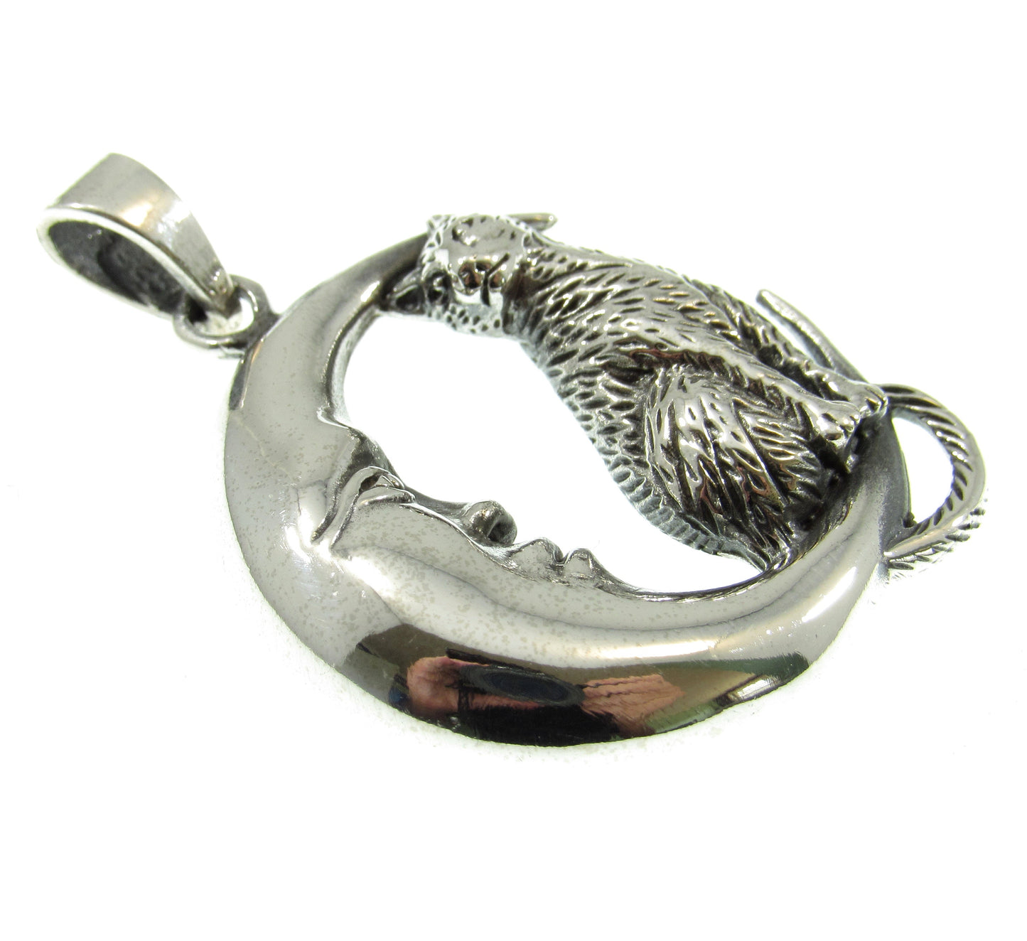 Solid 925 Sterling Silver Cat Familiar on Crescent Moon Pendant, Pagan Amulet, Witchcore Jewelry Necklace Charm, Cat Lover Gift